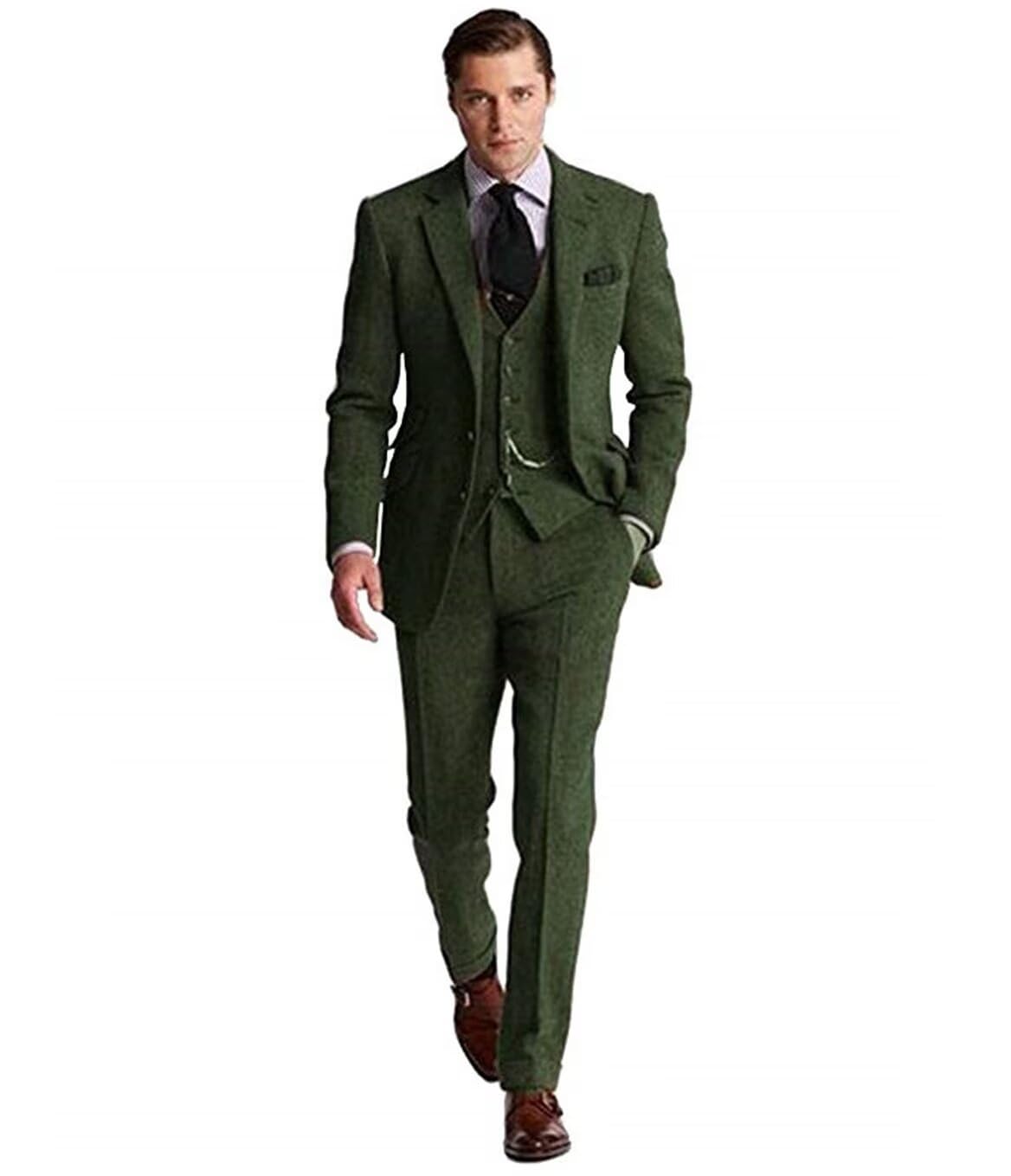Retro Tweed 3-Piece Men's Suit Slim Fit Herringbone Wedding Tuxedo Set - Groom Blazer Jacket, Vest & Pants for Prom, Business & Formal Occasions