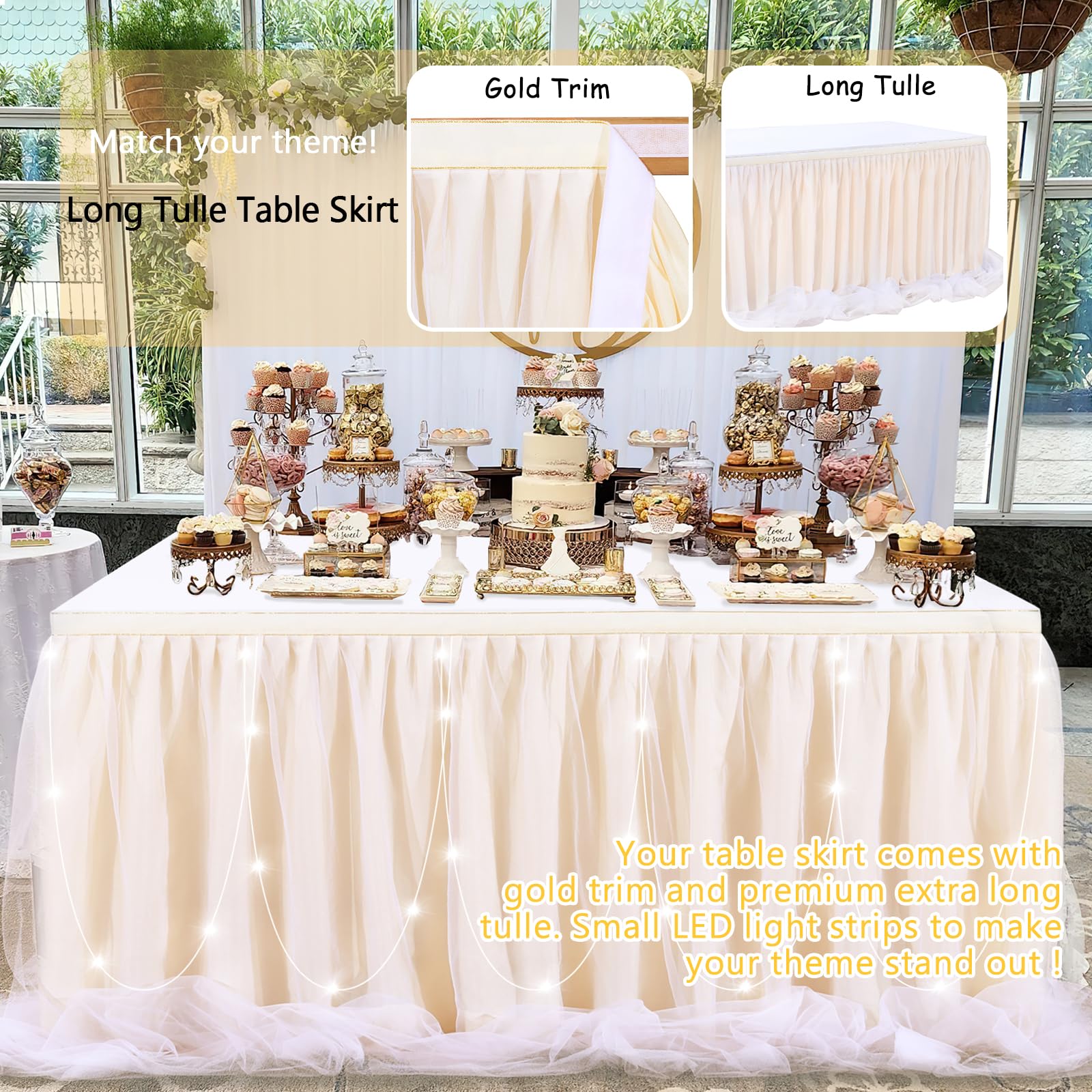 Ivory Tulle Table Skirt 9ft with LED Lights - Elegant Tutu Table Cover for Birthday Party, Baby Shower, Wedding & Banquet Decorations - Perfect for Indoor & Outdoor Celebrations