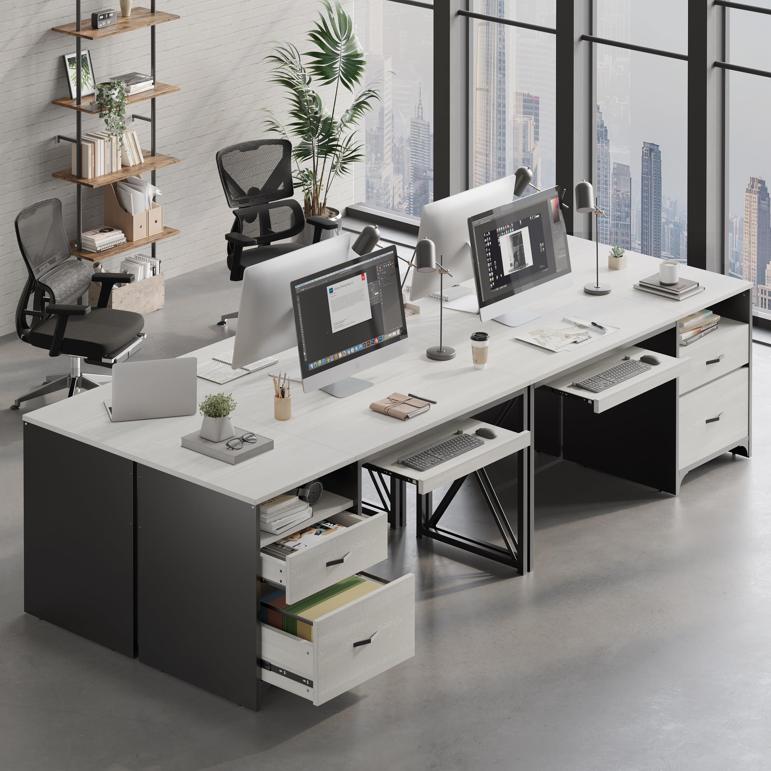 Bestier 55 Inch Industrial Office Desk with Drawers & Keyboard Tray - Wooden Computer Desk with Storage Shelf & File Drawer - Home Office Desk for Work, Study & Gaming - Wash White Finish