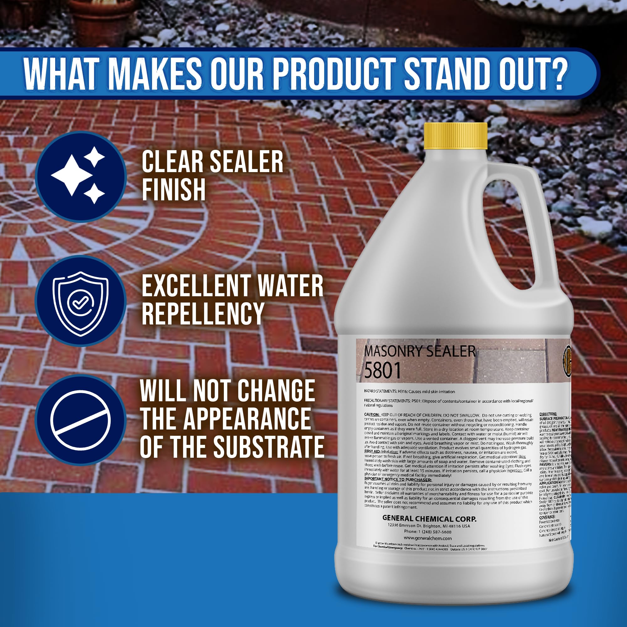 DeckGeneral Masonry Sealer 5801 - Clear Silane Siloxane Waterproof Concrete Sealant for Stone, Brick & Mortar - Protects Driveways, Sidewalks, Patios & Outdoor Surfaces from Weather Damage (1 Gallon) - Ideal for DIY Home Improvement & Commercial Use