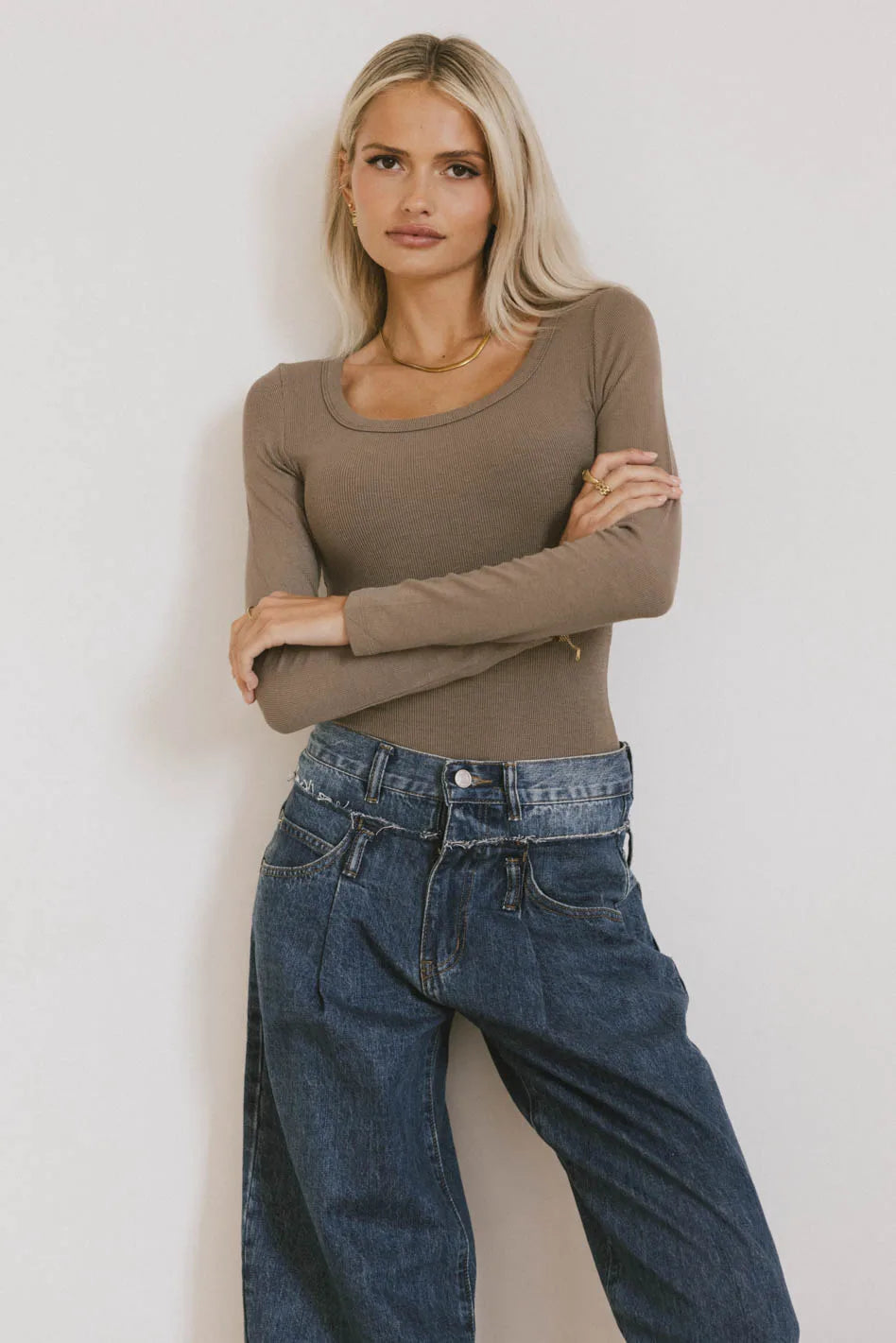 Audrey Ribbed Knit Top in Taupe | Women's Slim Fit Stretch T-Shirt | Casual & Layering Essential for Fall & Winter