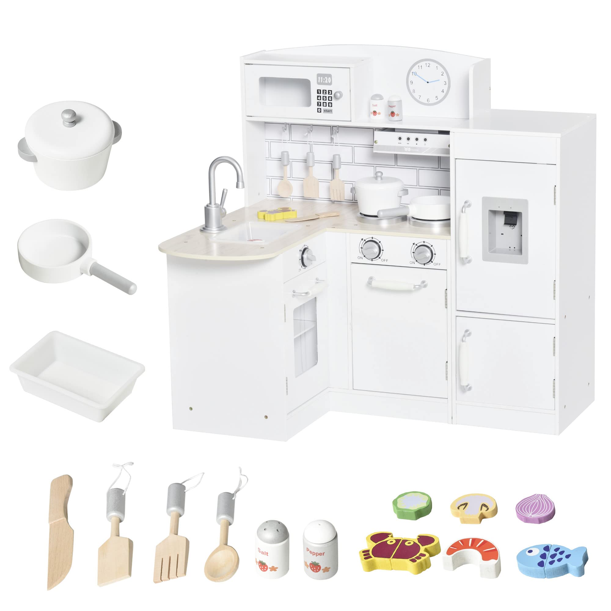 Qaba Corner Kids Wooden Pretend Kitchen Playset with Drinking Fountain, Microwave, Fridge & Accessories - Durable Toy Kitchen for Ages 3+ in White - Perfect for Home, Preschool & Playroom Pretend Play