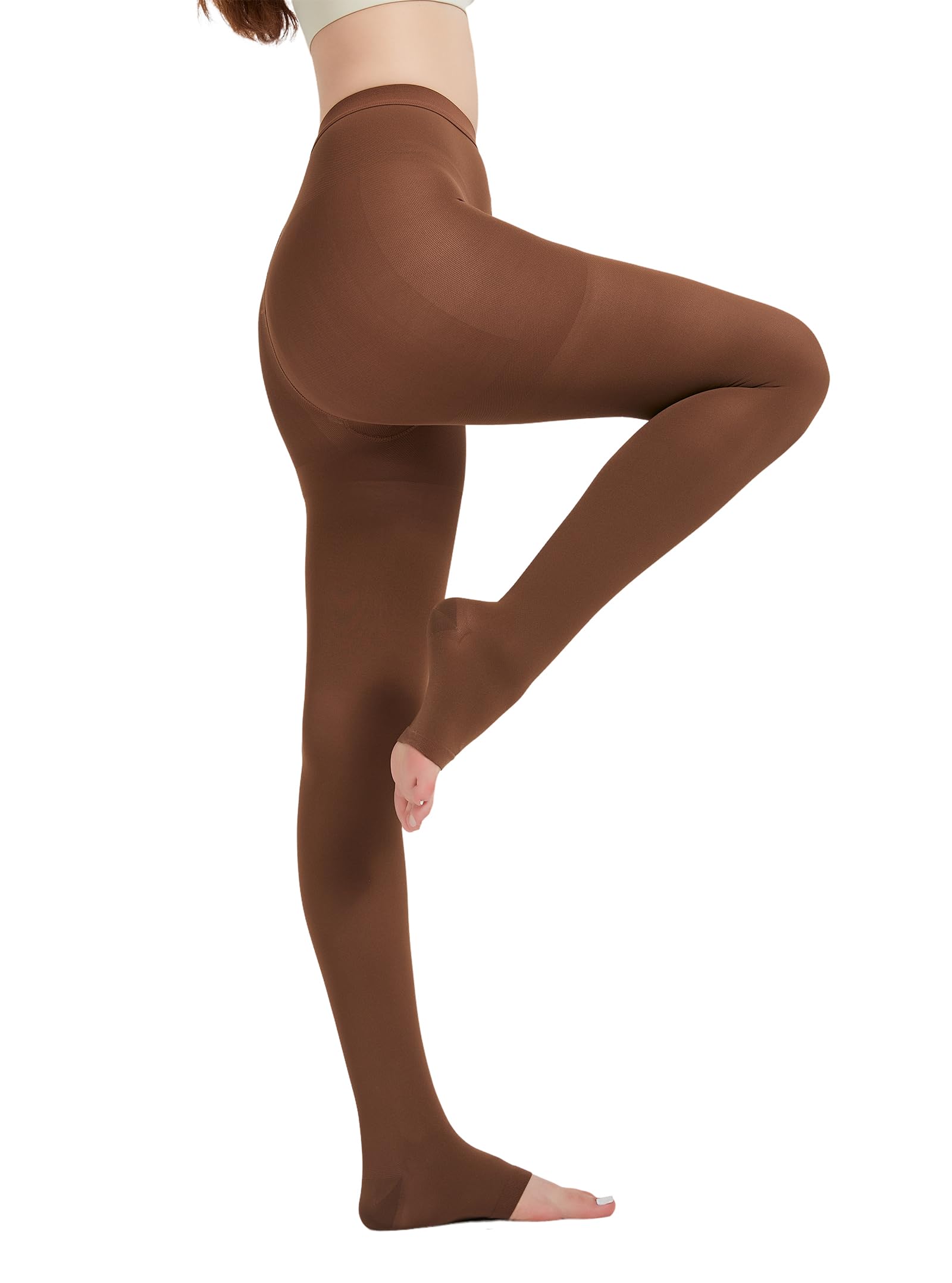 MGANG Medical Compression Stockings for Women & Men - 15-20mmHg Graduated Support Tights, Open Toe, Opaque Waist-High for Edema, Varicose Veins, DVT & Travel - Ideal for Nurses, Pregnant Women & Long Flights (Brown)
