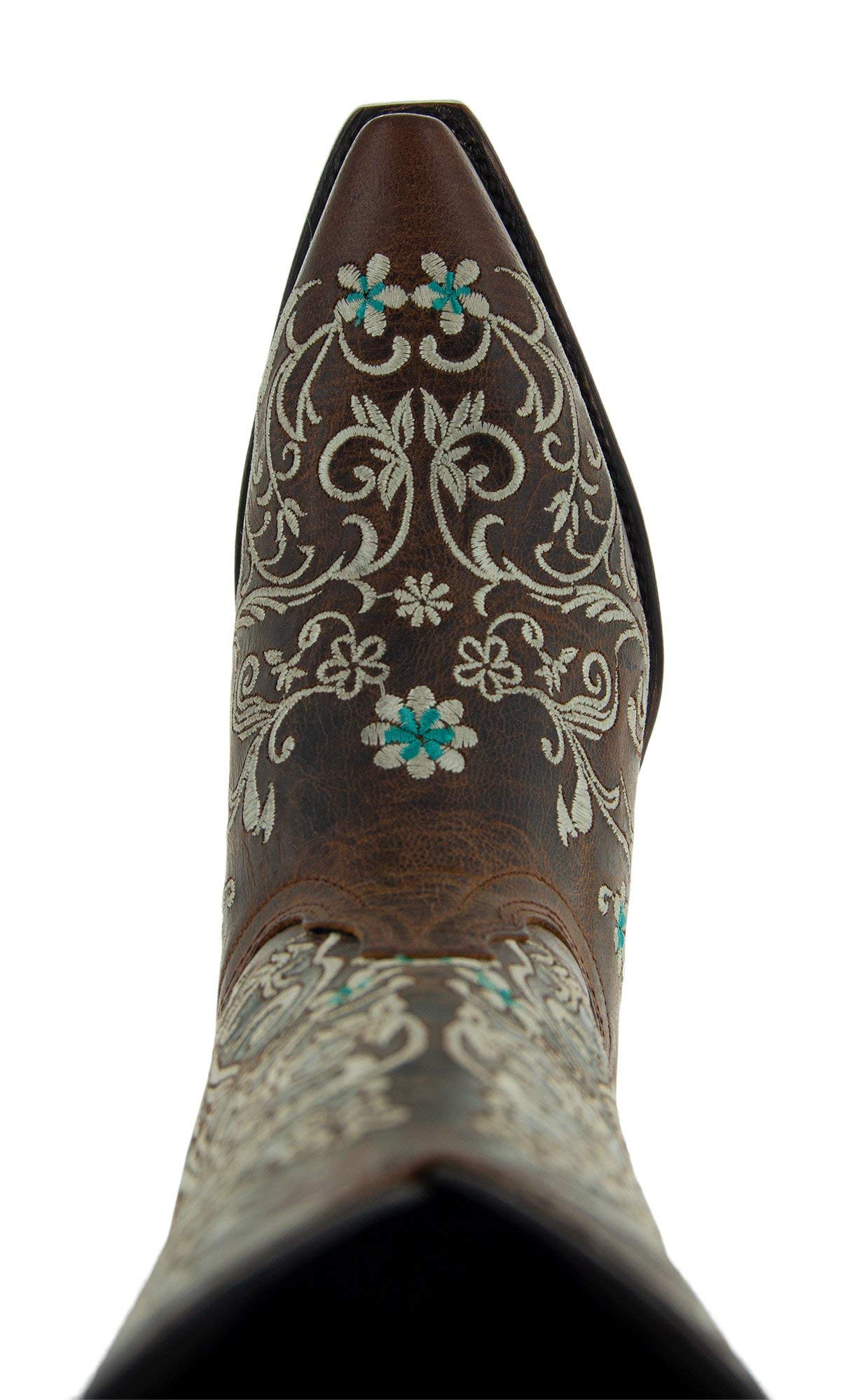 Vintage Flower Embroidered Cowgirl Boots for Women - Genuine Leather Handcrafted Western Boots (M50042 Brown) | Perfect for Country Dancing, Rodeos & Western Fashion