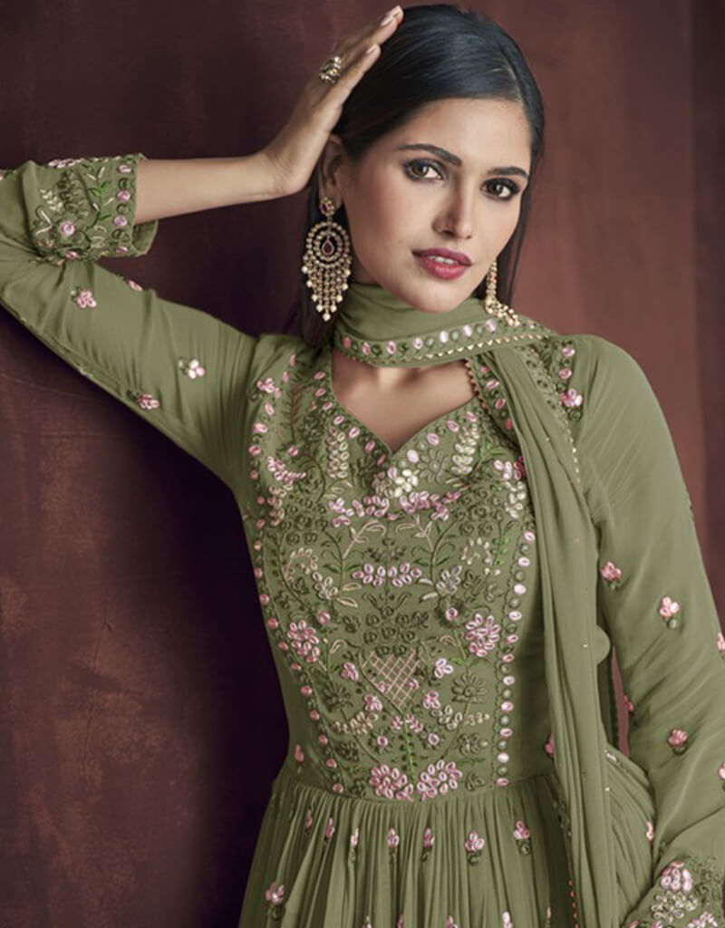 Stylish Army Green Lehenga Style Suit in Faux Georgette Fabric for Women - Perfect for Weddings, Parties & Festive Occasions