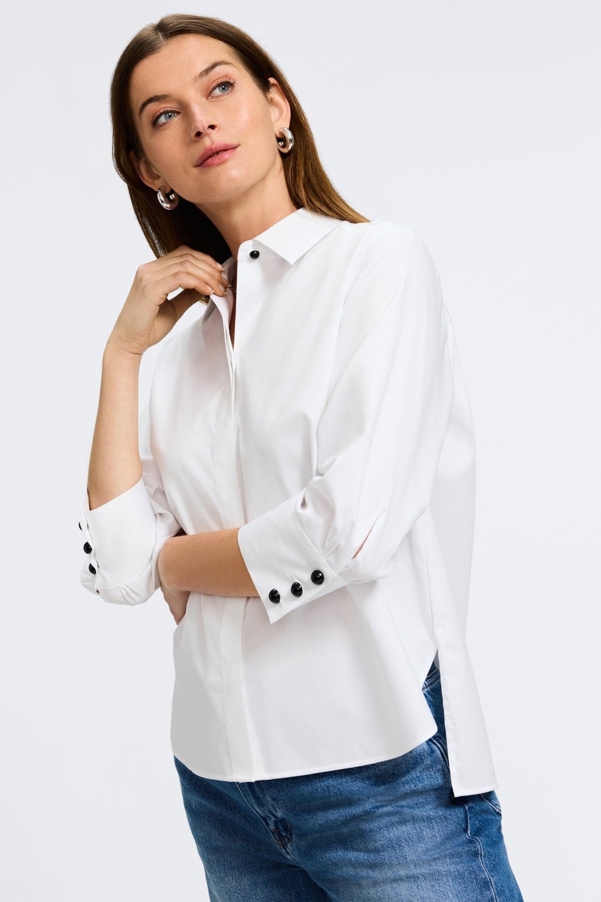 Pearl No Iron Stretch Matte Sateen 3/4 Sleeve Shirt for Women - Wrinkle-Free Comfort Blouse for Office & Business Casual Wear