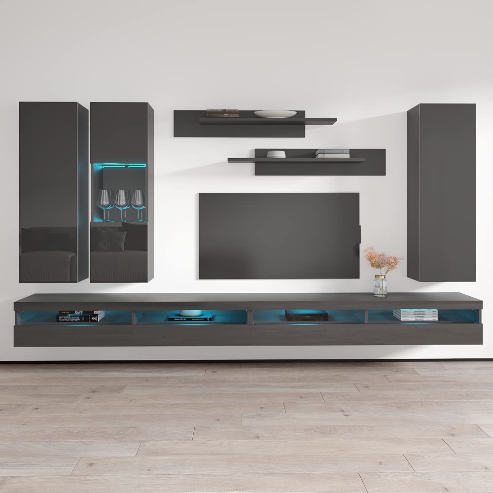 Modern Wall-Mounted TV Stand with Storage & LED Lights - Meble Fly E35 Entertainment Center for Living Room & Bedroom - Space-Saving Console with Shelves (EF5, Gray) - Perfect for Small Apartments & Home Theater Setups