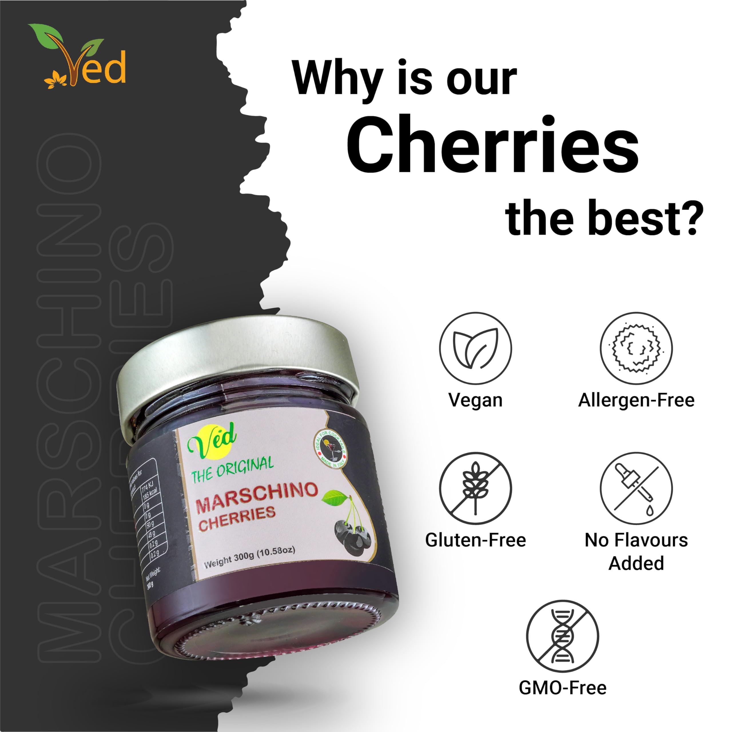 Premium Black Maraschino Cherries from Italy - Vegan Cocktail Cherries in Natural Syrup for Old Fashioned, Bourbon & Whiskey Drinks - Perfect Garnish for Cocktails, Desserts & Ice Cream - 300g Glass Jar