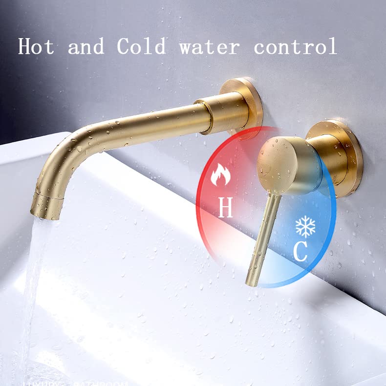 SHAUNI Brushed Gold Wall Mounted Bathroom Faucet - Single Handle Brass Vessel Sink Faucet with 360° Swivel Spout for Modern Bathroom & Powder Room Renovation