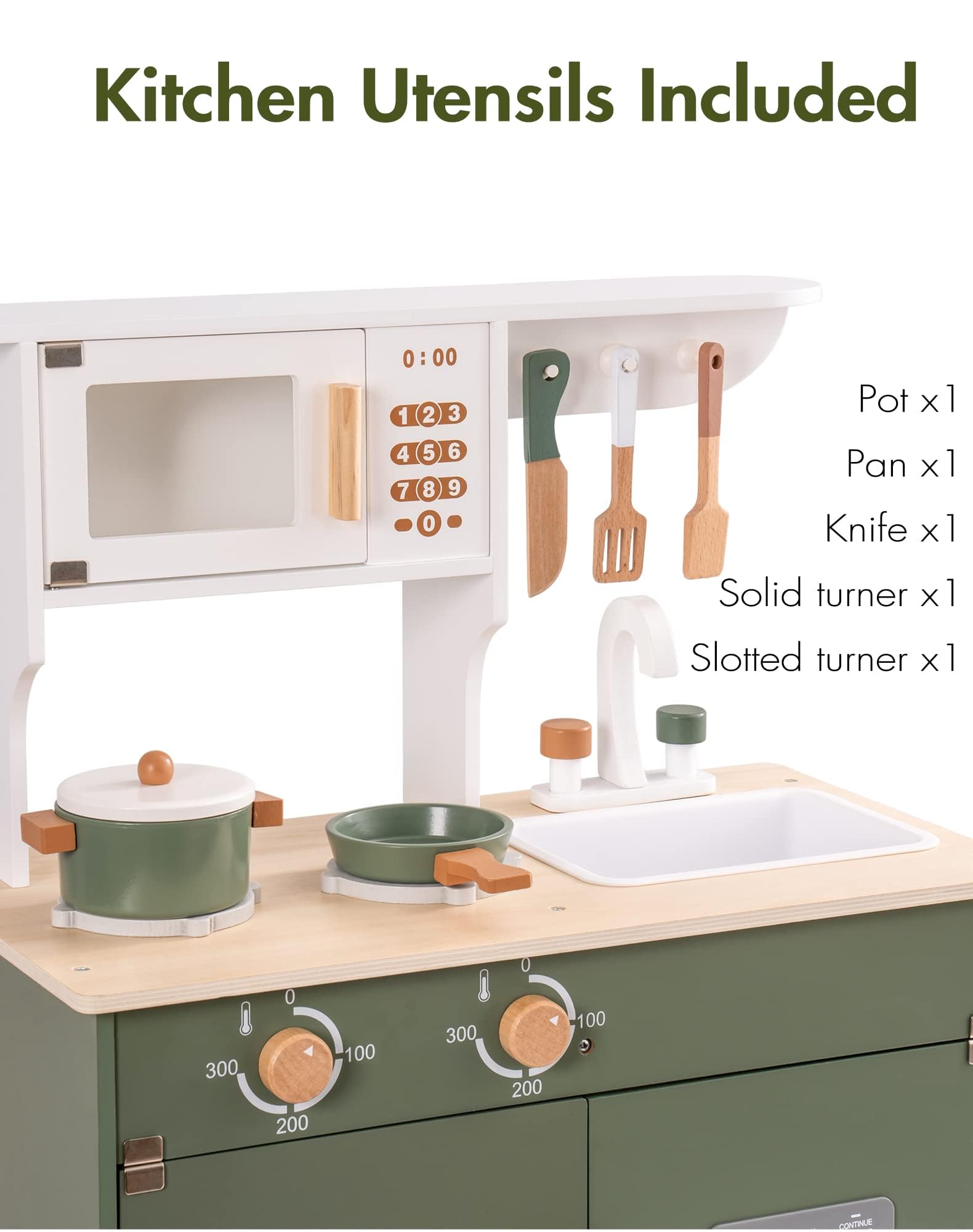 ROBUD Wooden Play Kitchen Set for Kids Ages 3+ | Pretend Ice Cube Dispenser | Vintage Green Toy Kitchen | Birthday Gift for Toddlers & Preschoolers | Pretend Cooking & Role Play Fun