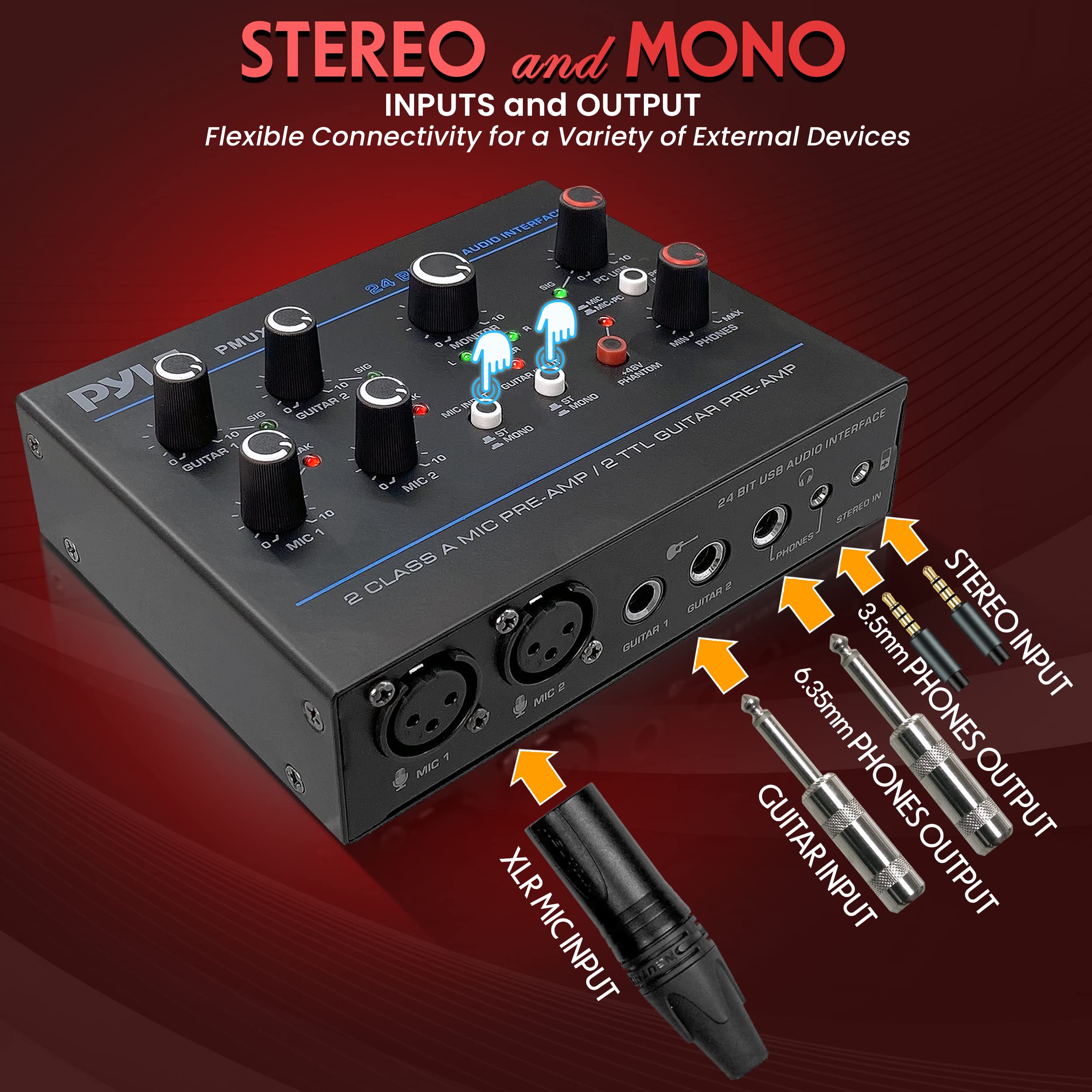 Pyle Professional USB Audio Interface with MIC, Guitar, AUX Stereo Inputs, Phone/Monitor Outputs - Compact Metal Housing for Computer Recording, Podcasting & Live Streaming (Model PMUX6) | Perfect for Home Studios, Musicians & Content Creators