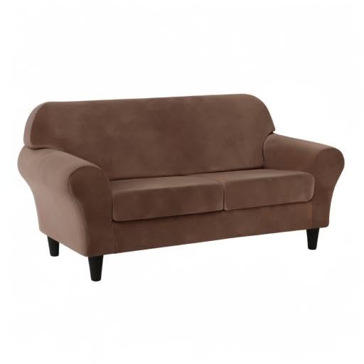 CONRUSER Stretch Sofa Slipcover - Soft Velvet 2 Cushion Couch Cover, Thick Furniture Protector for Pets & Kids (Brown, Medium) | Perfect for Living Room, Family Room & Pet-Friendly Homes
