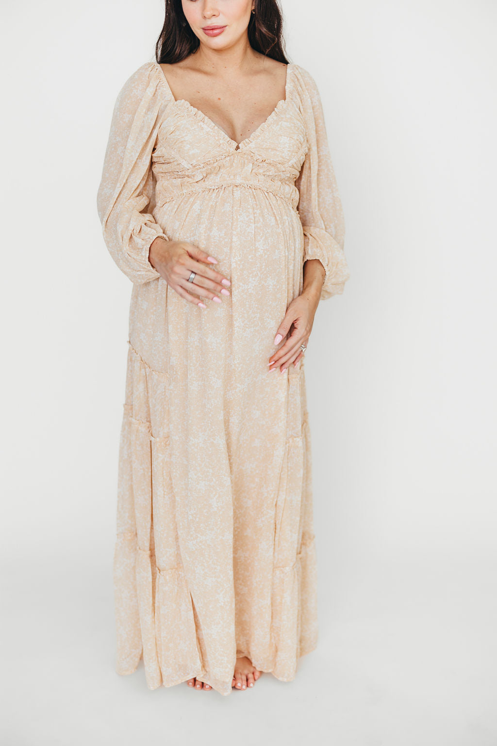Daphne Long Sleeve Maxi Dress - Light Beige/White Floral Print | Bump Friendly Maternity & Inclusive Sizing (XS-3XL) | Perfect for Pregnancy, Weddings & Special Occasions
