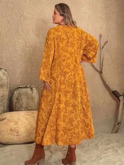 Plus Size Floral Print Long Sleeve Dress with Side Slit - Elegant Women's Midi Dress for Office, Party & Special Occasions