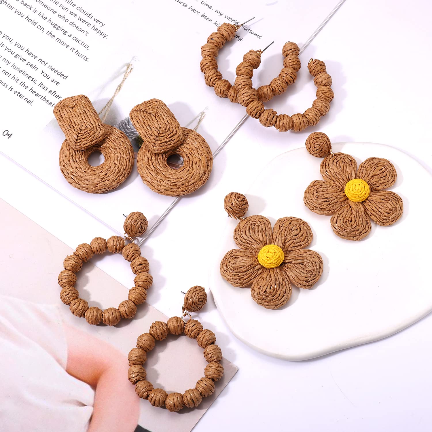 4 Pairs Boho Rattan Earrings for Women - Handmade Straw Raffia Ball Hoop Dangle Earrings with Geometric Design | Perfect for Summer Festivals, Beach Vacations & Boho Chic Outfits