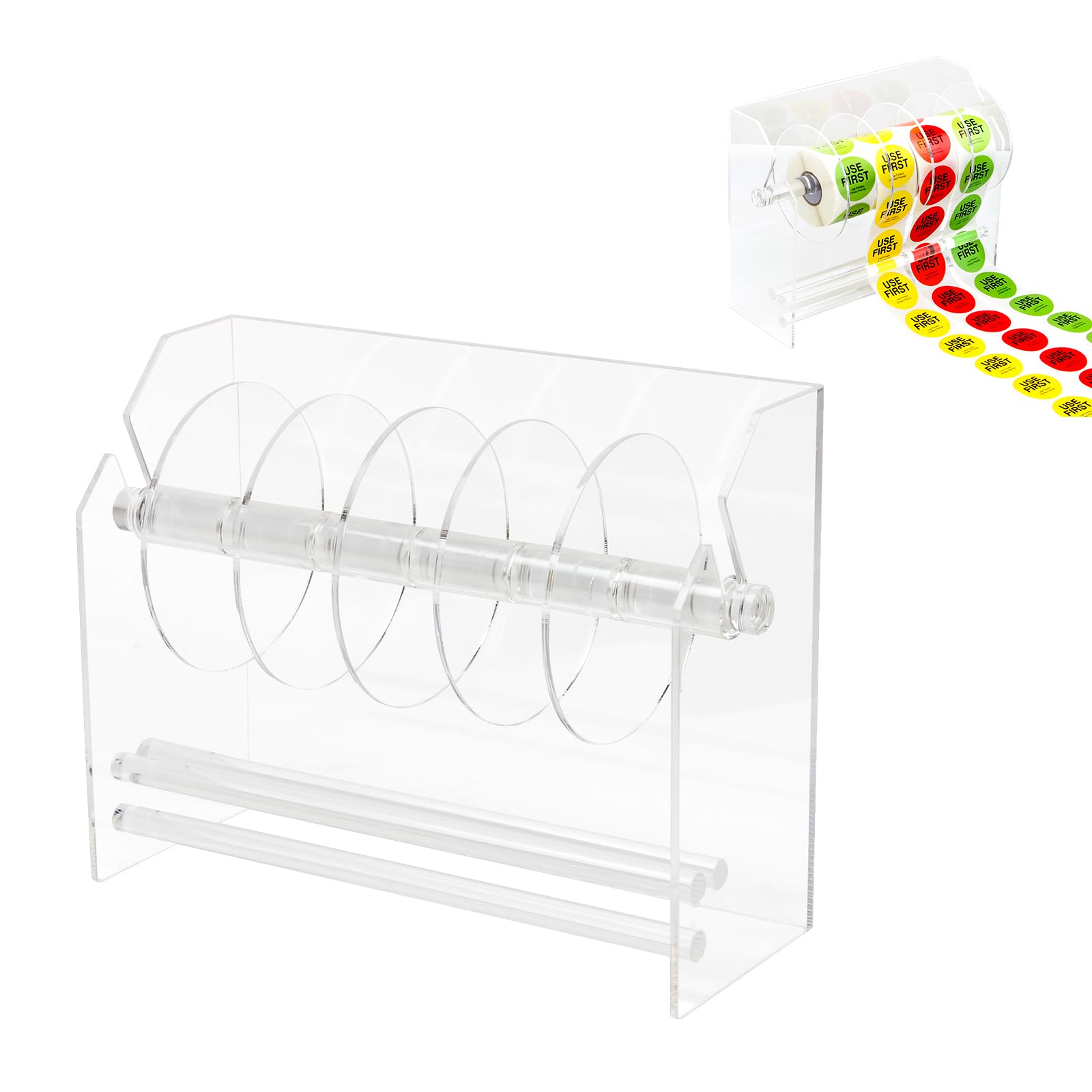 Adjustable Acrylic Label Dispenser - Transparent Sticker Roll Holder & Organizer Stand for Office & Home Desktop Use (6 Disks Included) - Perfect for Organizing Shipping Labels, Craft Supplies & Office Filing