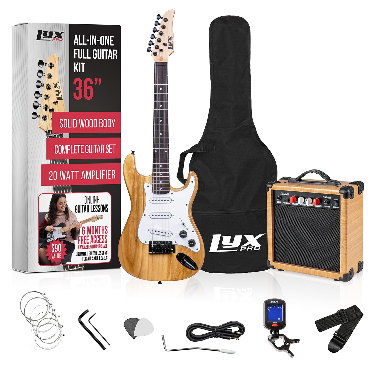 LyxPro 36 Inch 3/4 Size Electric Guitar Kit for Beginners - Natural Finish with Amp, Digital Tuner, Gig Bag, Strap & Accessories | Perfect for Kids & Teens Learning Guitar at Home, School or Music Lessons