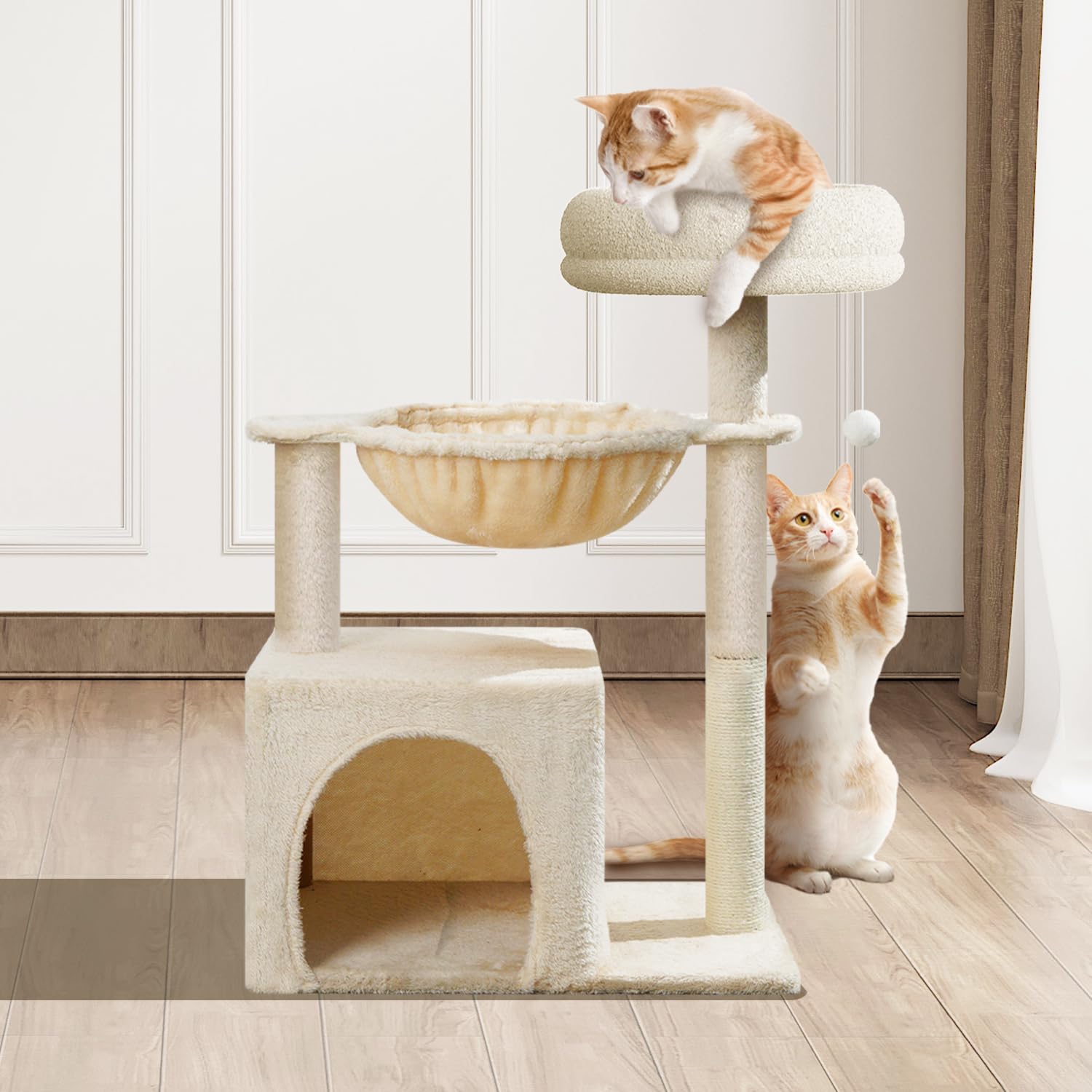 28in Small Cat Tree Tower with Multi-Level Perches, Hammock & Sisal Scratching Post - Indoor Climbing Activity Condo with Fun Toys for Kittens & Small Cats | Perfect for Apartments, Living Rooms & Pet Play Areas