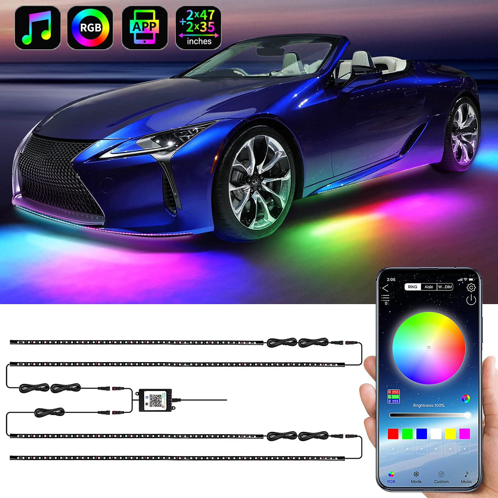 Exterior Car Underglow LED Strip Lights Kit - 16 Million RGB Colors, Sound Activated, Wireless APP Control, DC 12-24V (2×47inch + 2×35inch) for Car Customization & Night Driving Enhancement
