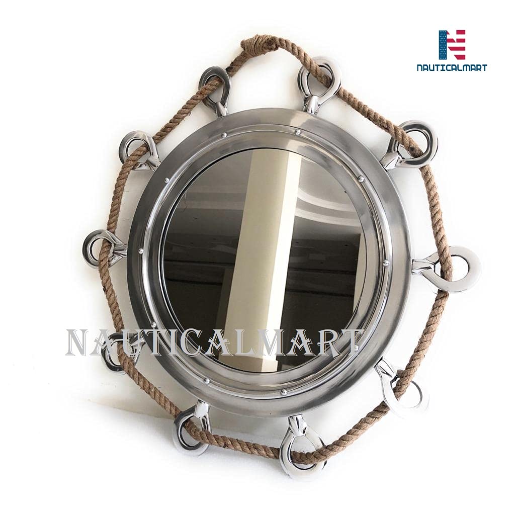 Large Silver Porthole Mirror with Rope - Nautical Ship Decor for Bathroom, Living Room, or Bedroom Wall Art