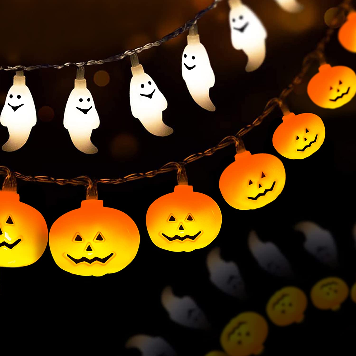 30FT Halloween String Lights - Orange Pumpkin & Ghost LED Lights for Outdoor Decor, Indoor Home Party, Yard, Porch, and Garden Halloween Decoration