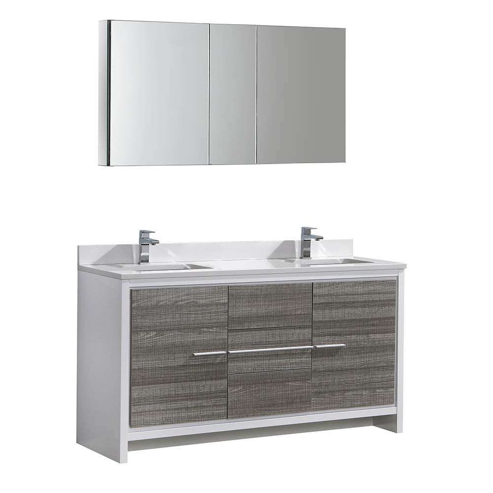 Fresca Allier Rio 60 Inch Modern Bathroom Vanity with Double Sink & Medicine Cabinet in Ash Gray - Perfect for Master Bathrooms and Guest Suites