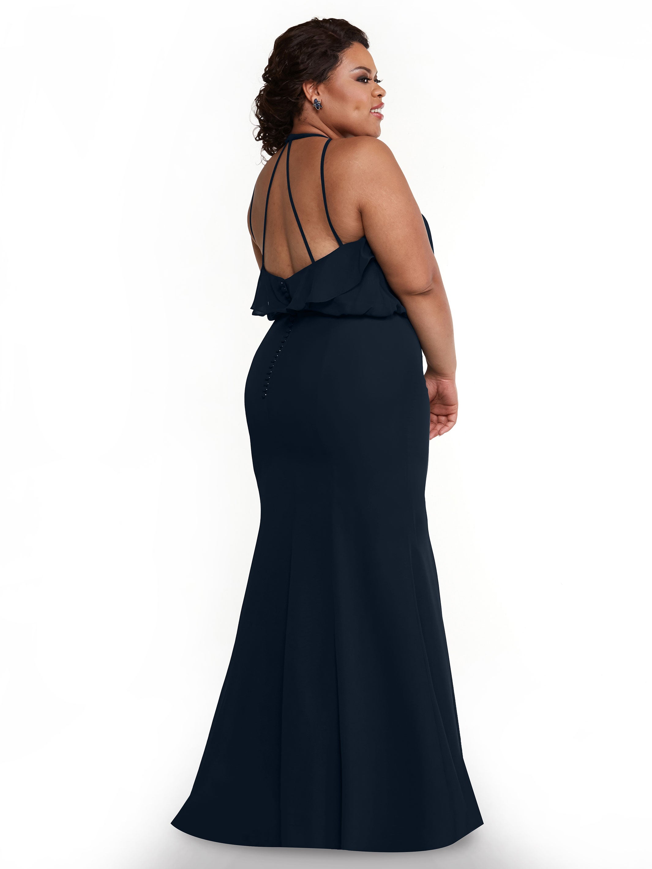 Elegant 80147 Fit and Flare Chiffon Bridesmaid Dress with Ruffled Neckline & Thigh Slit - Perfect for Weddings, Proms, and Formal Events