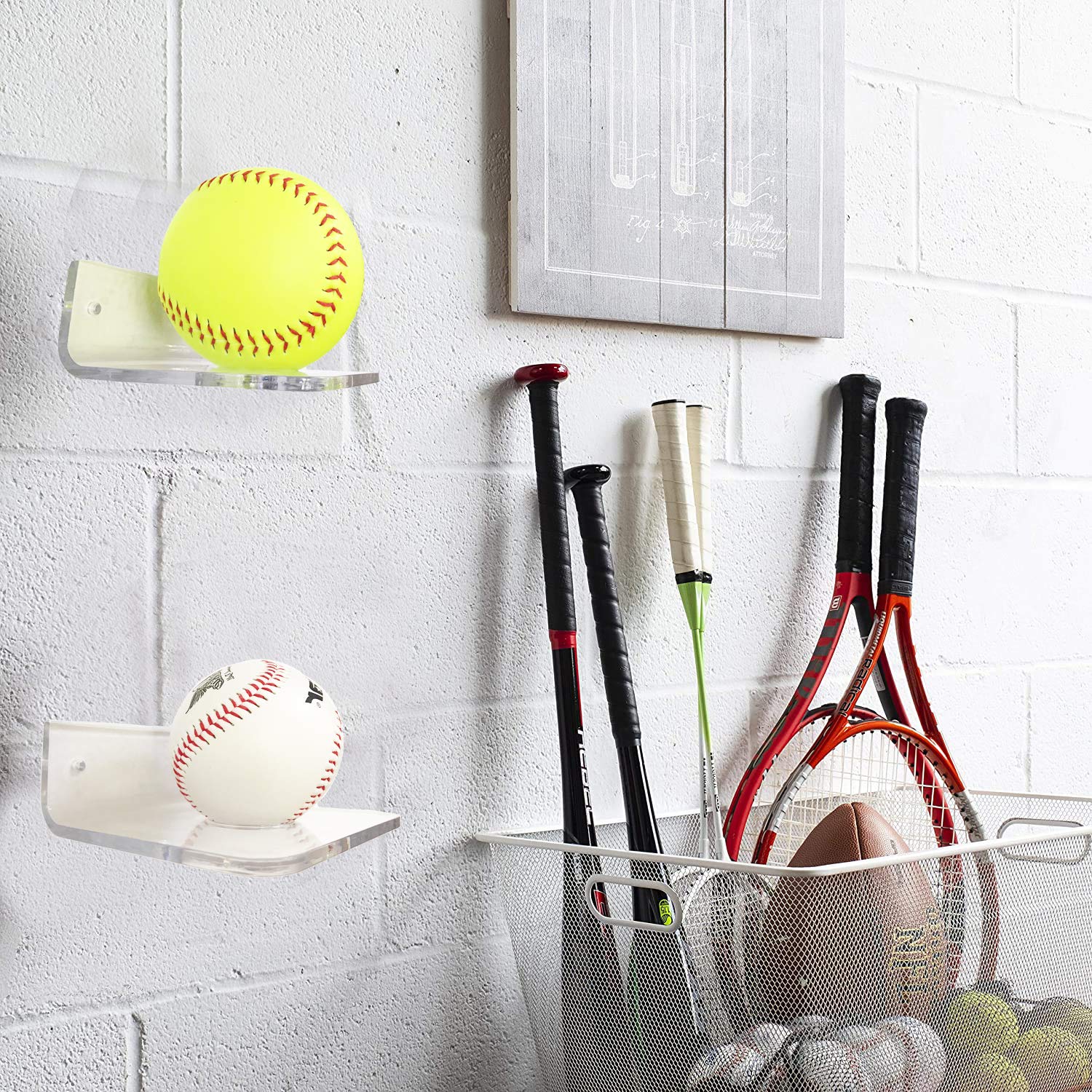Pmsanzay Clear Acrylic Wall Mounted Baseball Holder Stand - Display & Storage Rack for Baseballs, Softballs & Tennis Balls (No Balls Included) - Perfect for Home, Garage & Sports Club Organization