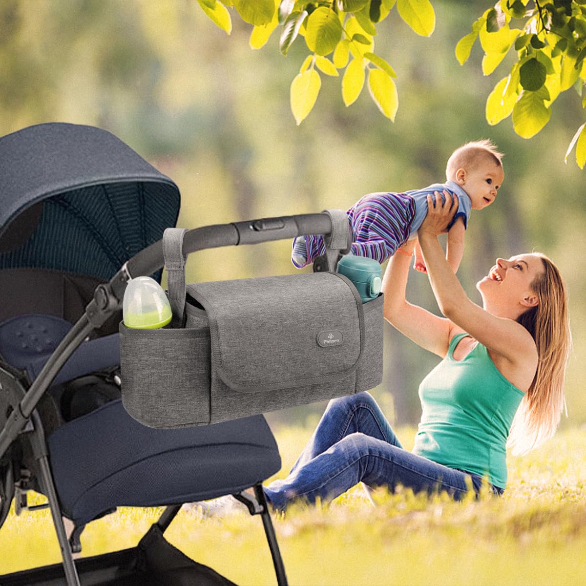 PHILORN Universal Stroller Organizer Bag with Insulated Cup Holder - Grey Stroller Caddy with Detachable Shoulder Strap & Large Storage Space | Perfect for Diapers, Toys & Snacks on the Go