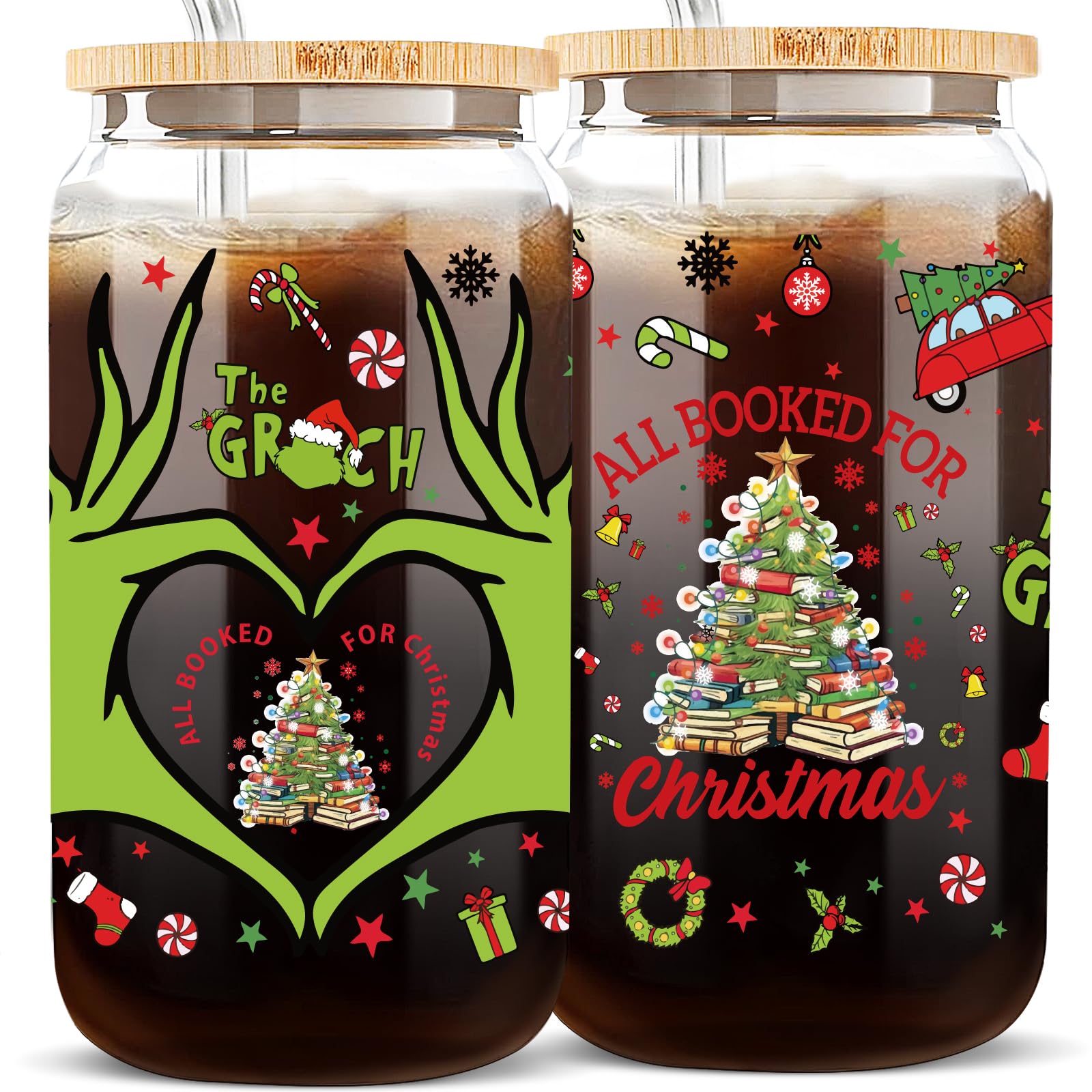 Funny Book Lovers Gifts for Women - 16oz Christmas Grinch Glass Cup with Lid & Straw - Cute Bookish Gift for Readers & Bookworms - Perfect for Holiday Reading, Coffee Breaks & Book Club Meetings