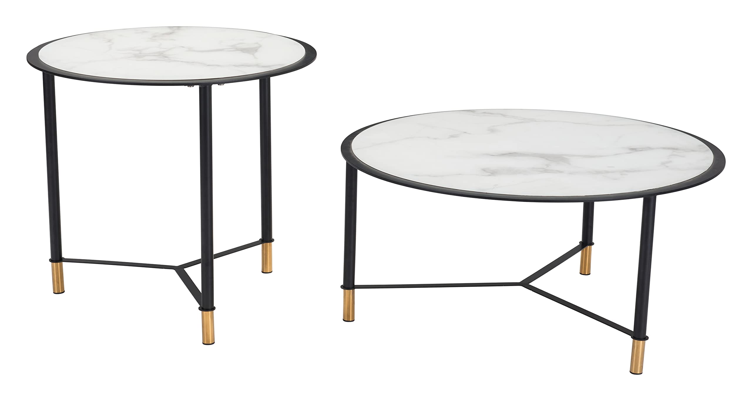 Modern Zuo Davis Coffee Table Set of 2 - Black & White Glass Top End Tables for Living Room, Lounge & Office Decor