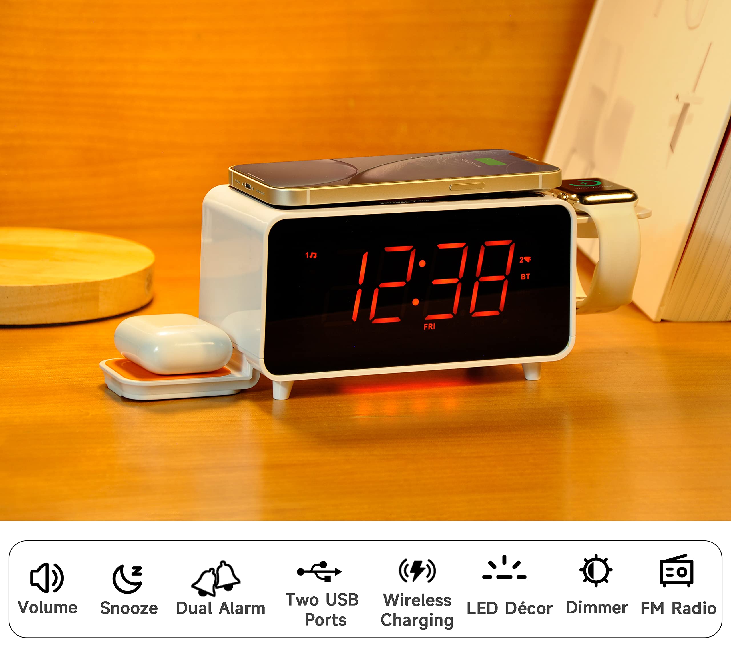 Wireless Dual Charging Alarm Clock with Bluetooth Speaker, FM Radio, 2 USB Ports, Dual Alarm, Night Light, Dimmer Control & 1.4