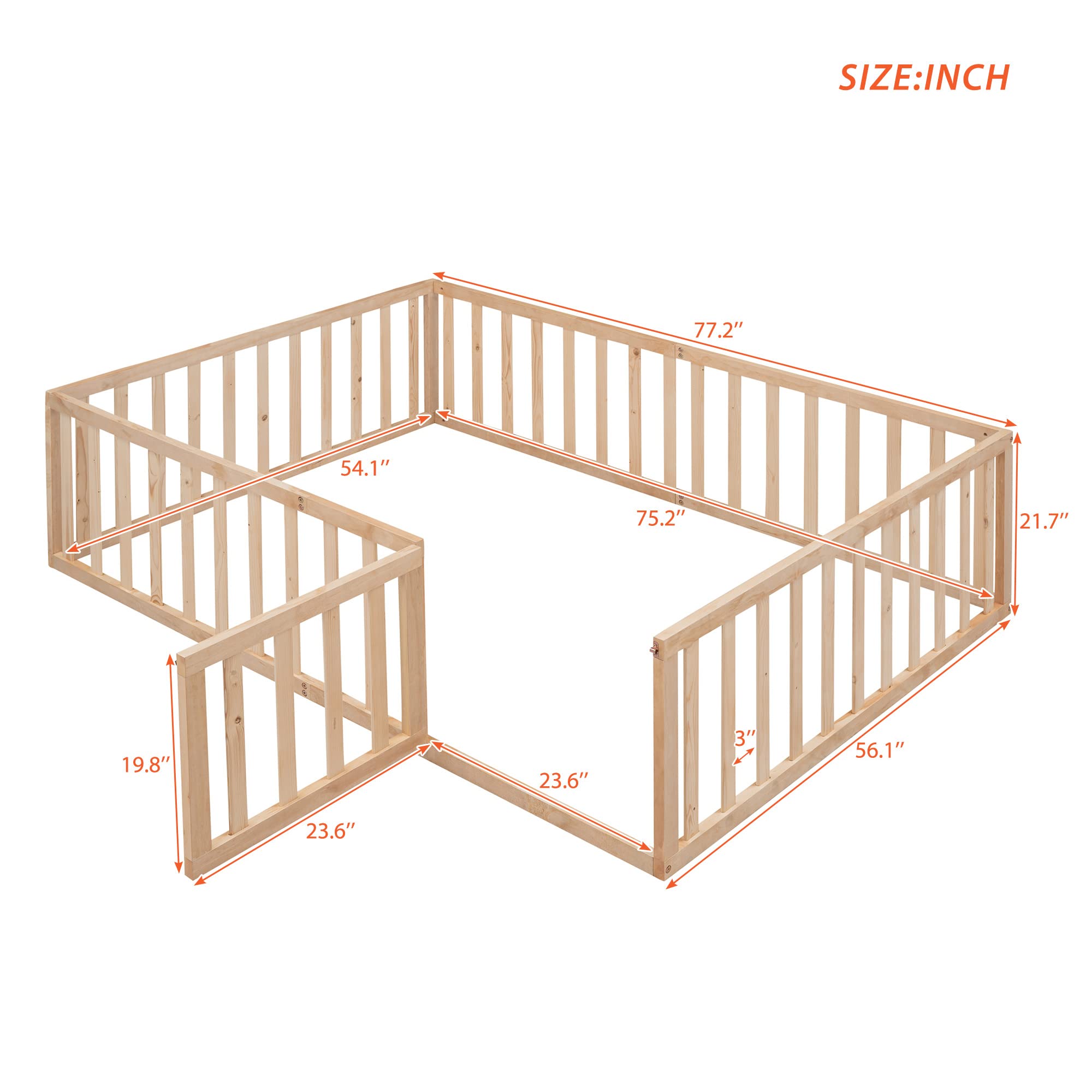 MERITLINE Full Size Wooden Bed Frame with Safety Fence for Kids Over 6 Years | Montessori Floor Bed with Door | Easy Assembly, No Box Spring Needed (Natural) - Perfect for Kids' Bedrooms, Playrooms & Montessori Learning Spaces