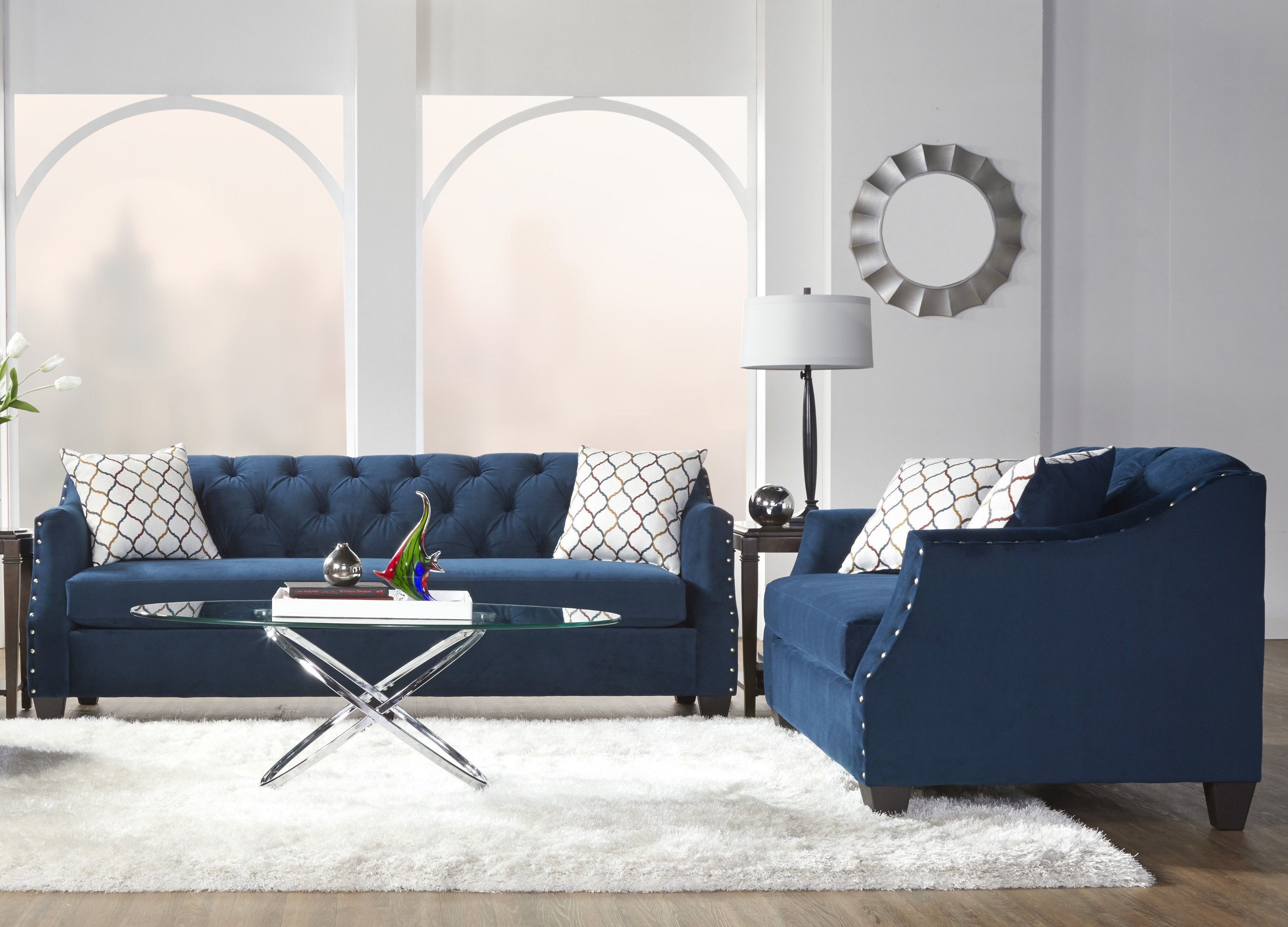 Modern Velvet Tufted Loveseat with Nailhead Trim - Blue Transitional Sofa for Living Room, Bedroom & Home Office | Moselle Collection