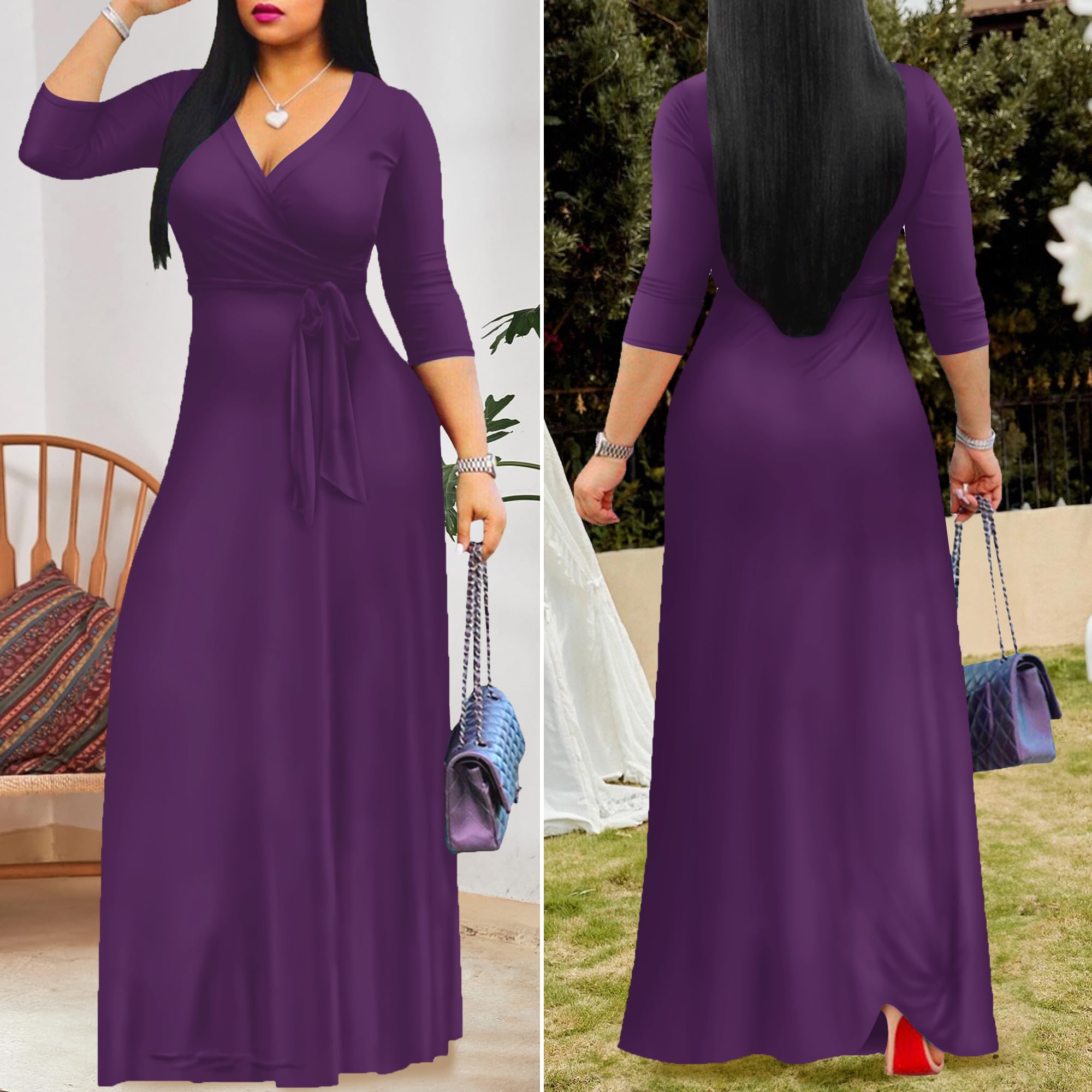 FANDEE Women's 2025 Bohemian Maxi Dress - Solid Color Summer Long Dress with V-Neck & 3/4 Sleeves | Perfect for Beach Vacations, Music Festivals and Casual Outings