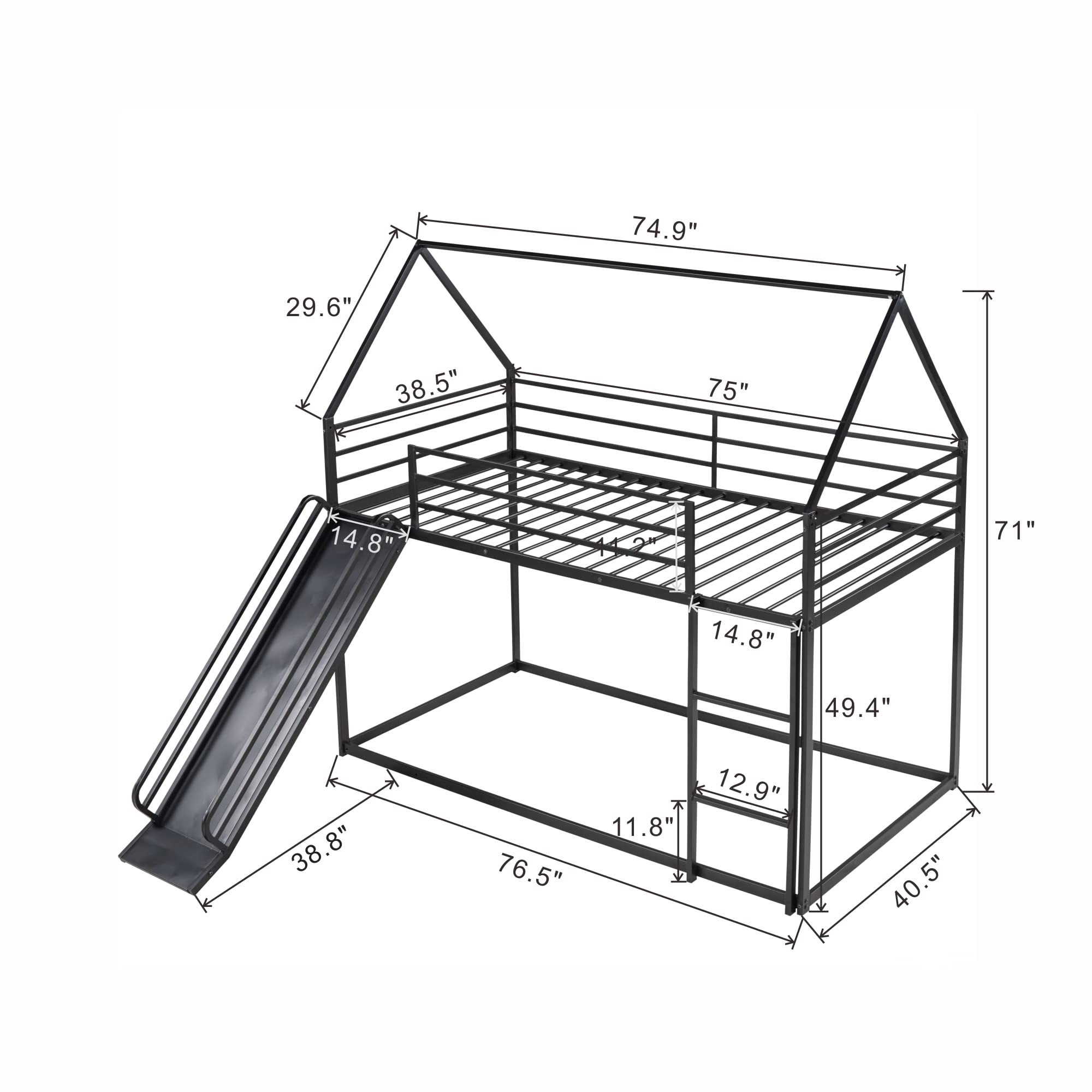 **Metal Bunk Beds with Slide for Kids - Twin Over Twin House Bunk Bed with Roof & Built-in Ladder - Space-Saving Loft Bed for Boys, Girls & Toddlers - Perfect for Small Bedrooms, Playrooms & Sleepovers (Black)**