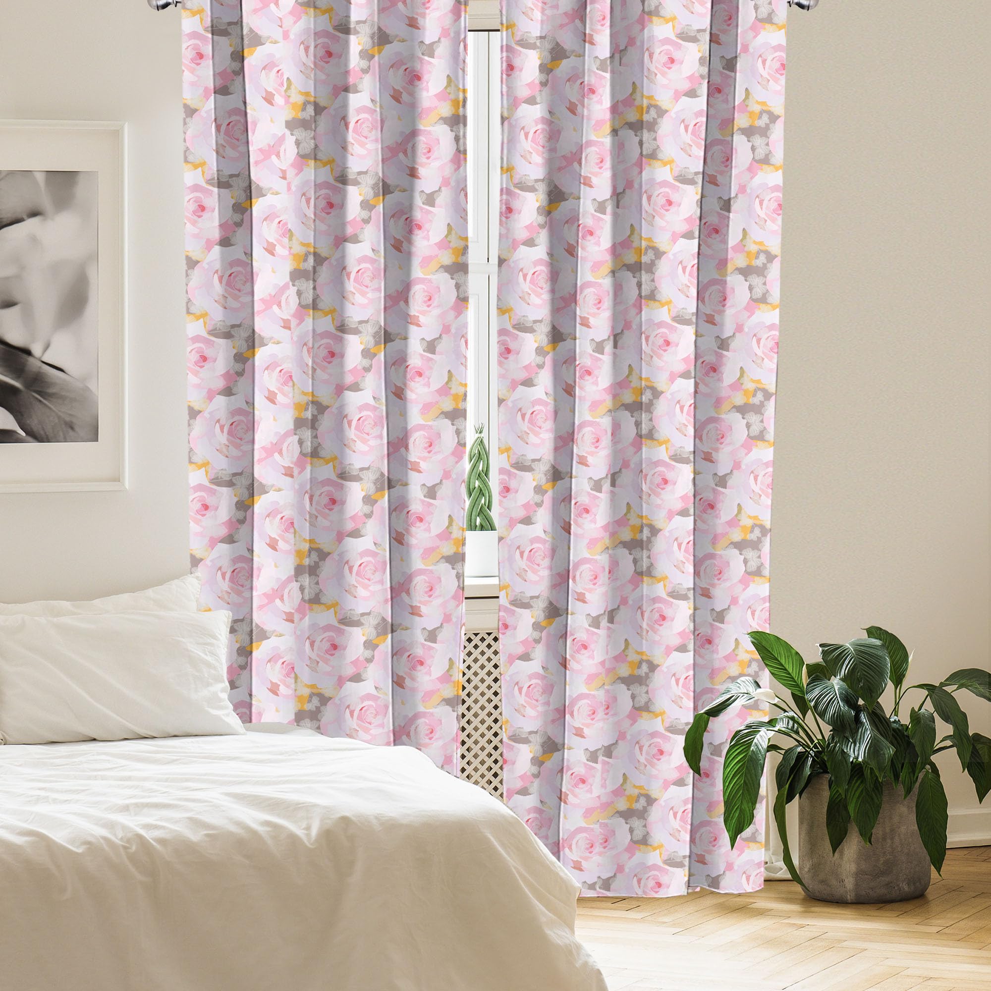 Ambesonne Floral Window Curtains - Pastel Pink Roses & Butterflies Romantic Design, Lightweight Decor 2-Panel Set with Rod Pocket (28x84 Inches) - Perfect for Bedroom, Living Room & Nursery Decor