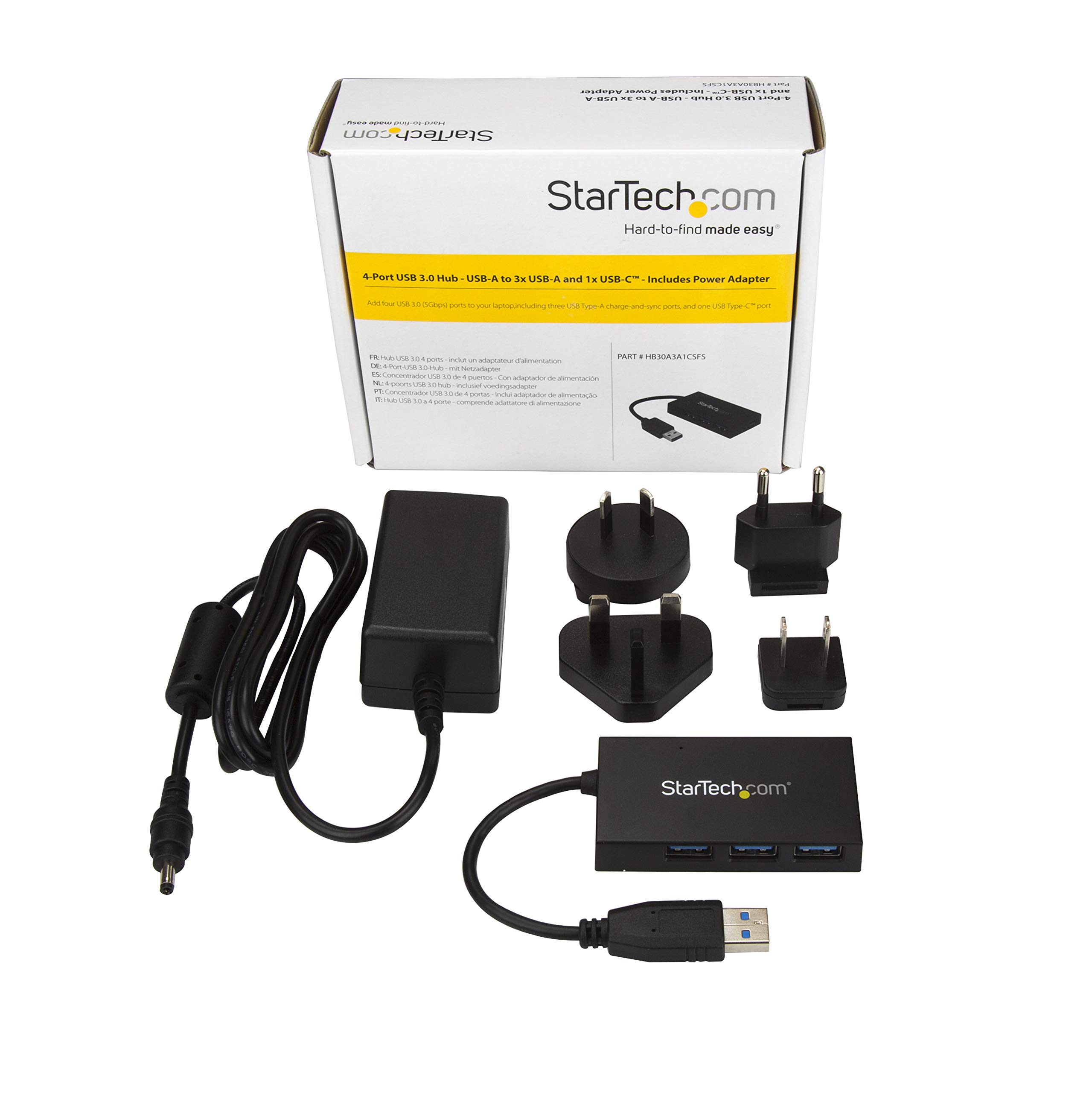 StarTech.com 4-Port USB 3.0 Hub with USB-C & USB-A Ports | 5Gbps SuperSpeed Data Transfer | Bus/Self-Powered | Portable USB Hub with Power Adapter | Ideal for Laptops, Desktops & Mobile Devices (HB30A3A1CSFS)