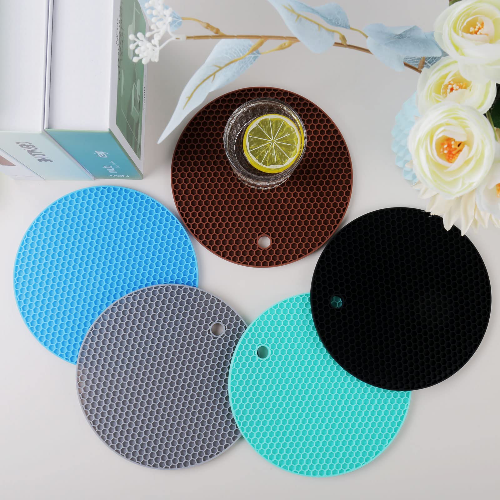 5-Pack Extra Thick Silicone Pot Coasters - Heatproof Trivet Mats for Hot Pans & Cookware | Non-Slip Durable Kitchen Table Mats | Honeycomb Design Heat Resistant Pads (Black) - Perfect for Dining Tables, Countertops & Outdoor BBQ Use