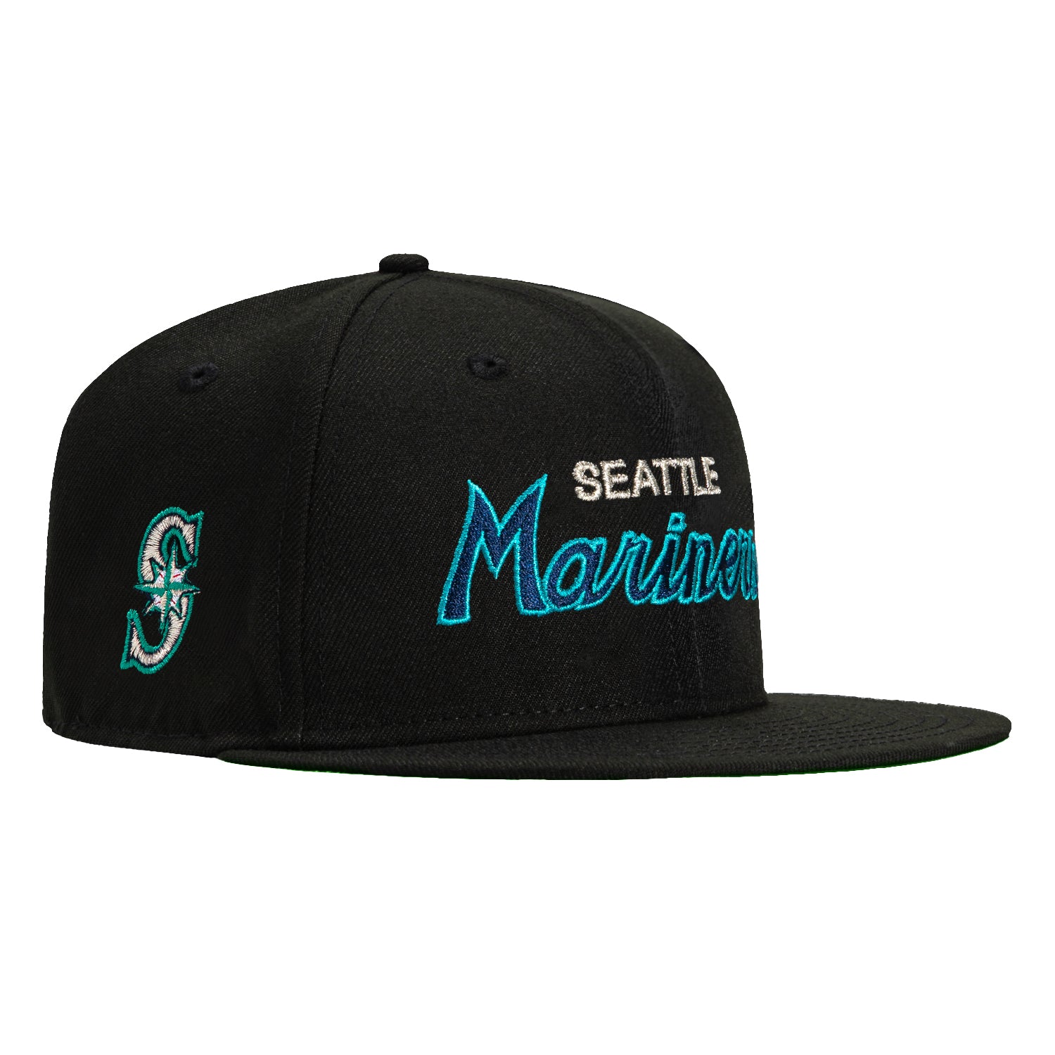 New Era 59Fifty Seattle Mariners Logo Patch Script Baseball Cap - Black | Adjustable Snapback Hat for Men & Women | Perfect for Baseball Games, Streetwear & Casual Outfits