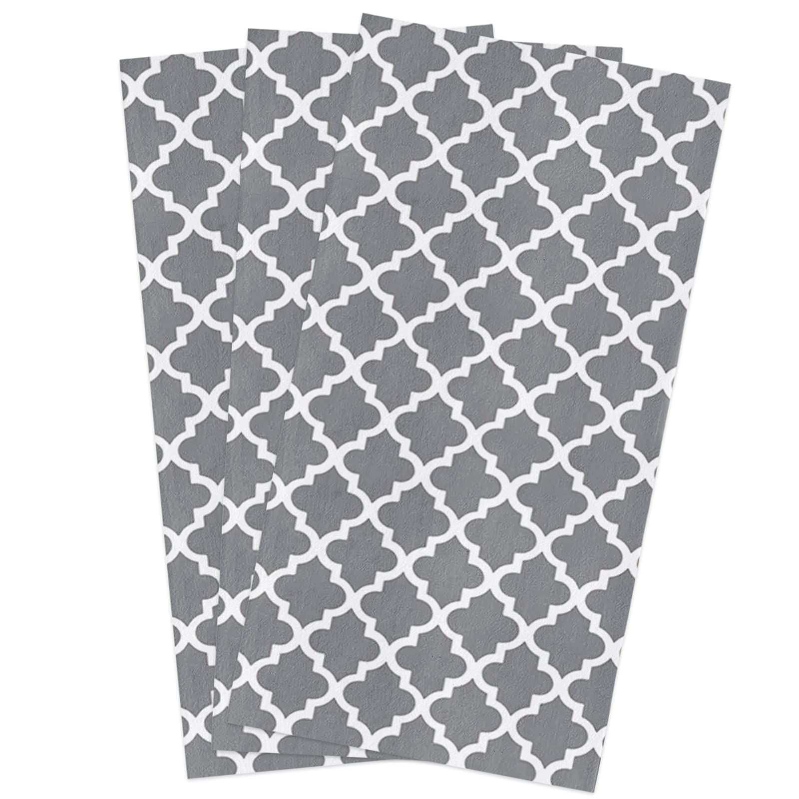 Premium Cotton Kitchen Towels Set of 3 - Moroccan Trellis Plaid Gray & White 16x28 Inches - Ultra Soft Absorbent Dish Cloths, Tea Towels & Hand Towels for Kitchen, Bar, Restaurant & Home Decor