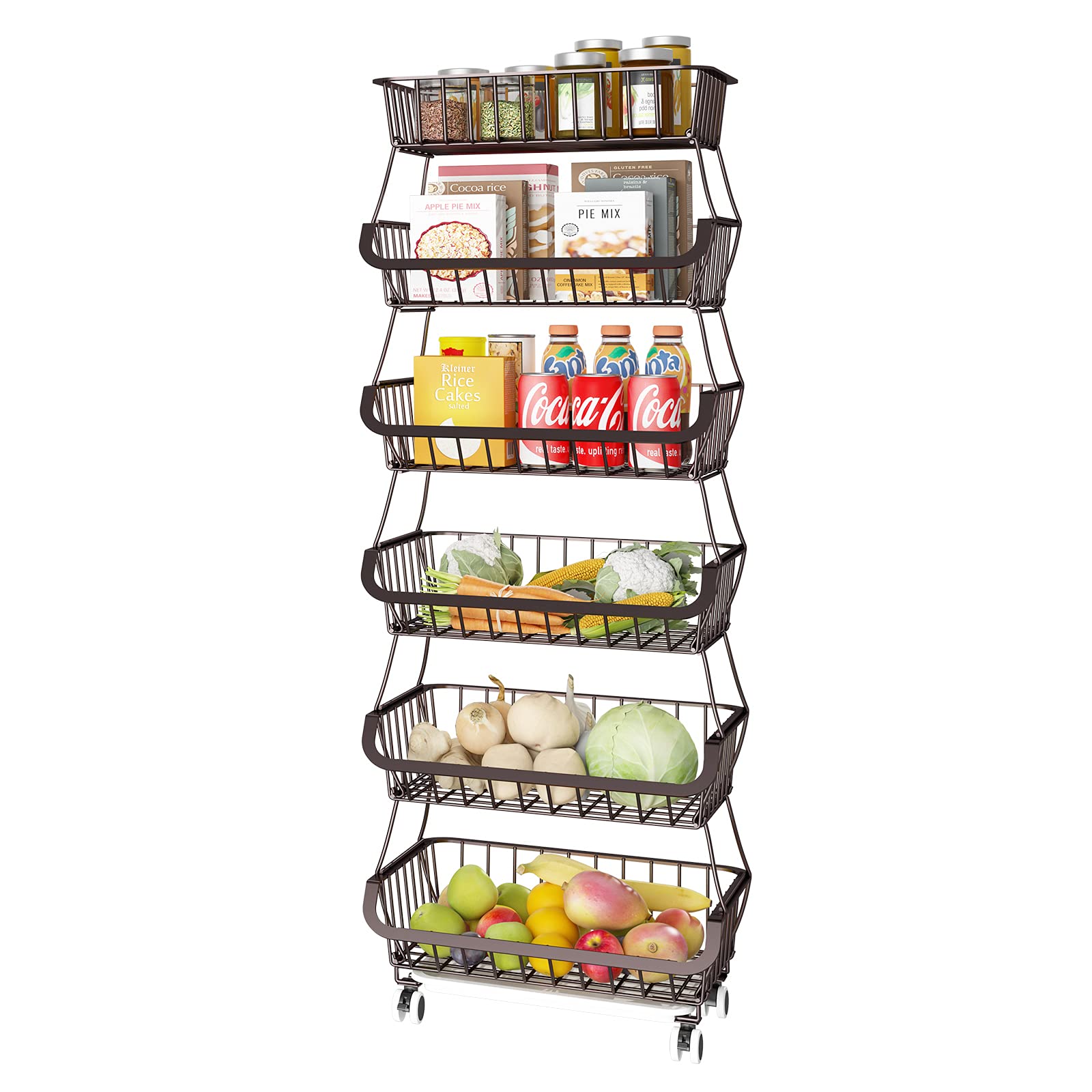 Apsan 6-Tier Metal Wire Fruit and Vegetable Storage Basket with Wheels - Kitchen Organizer for Onions, Potatoes, and Produce - Bronze Finish for Pantry, Grocery Store, or Home Kitchen Use