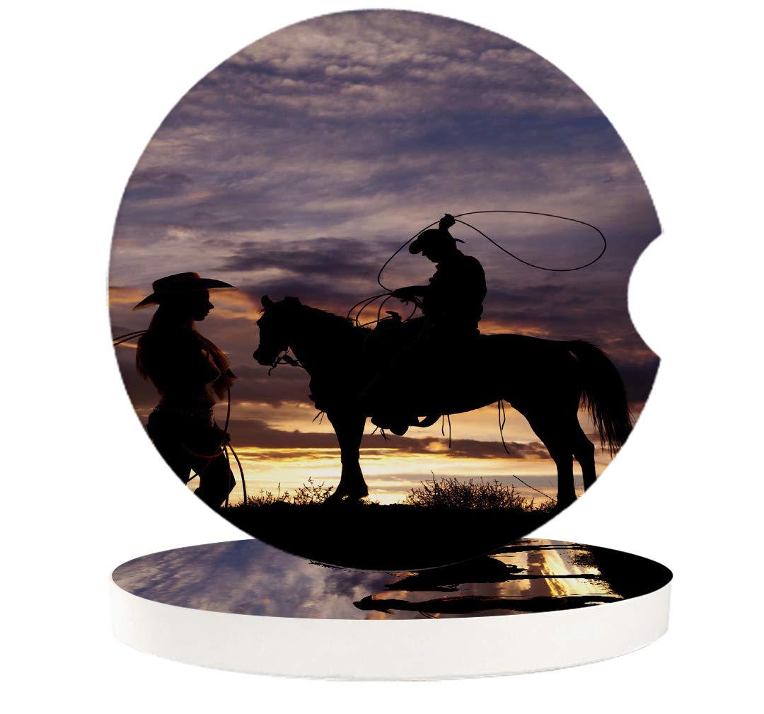 Western Cowboy Riding Horse Sunset Car Coasters - Set of 4 Absorbent Stone Drink Coasters for Cup Holders | Perfect Car Accessories for Men & Women | Wild West Landscape Design | Great for Road Trips, Office Use & Home Decor
