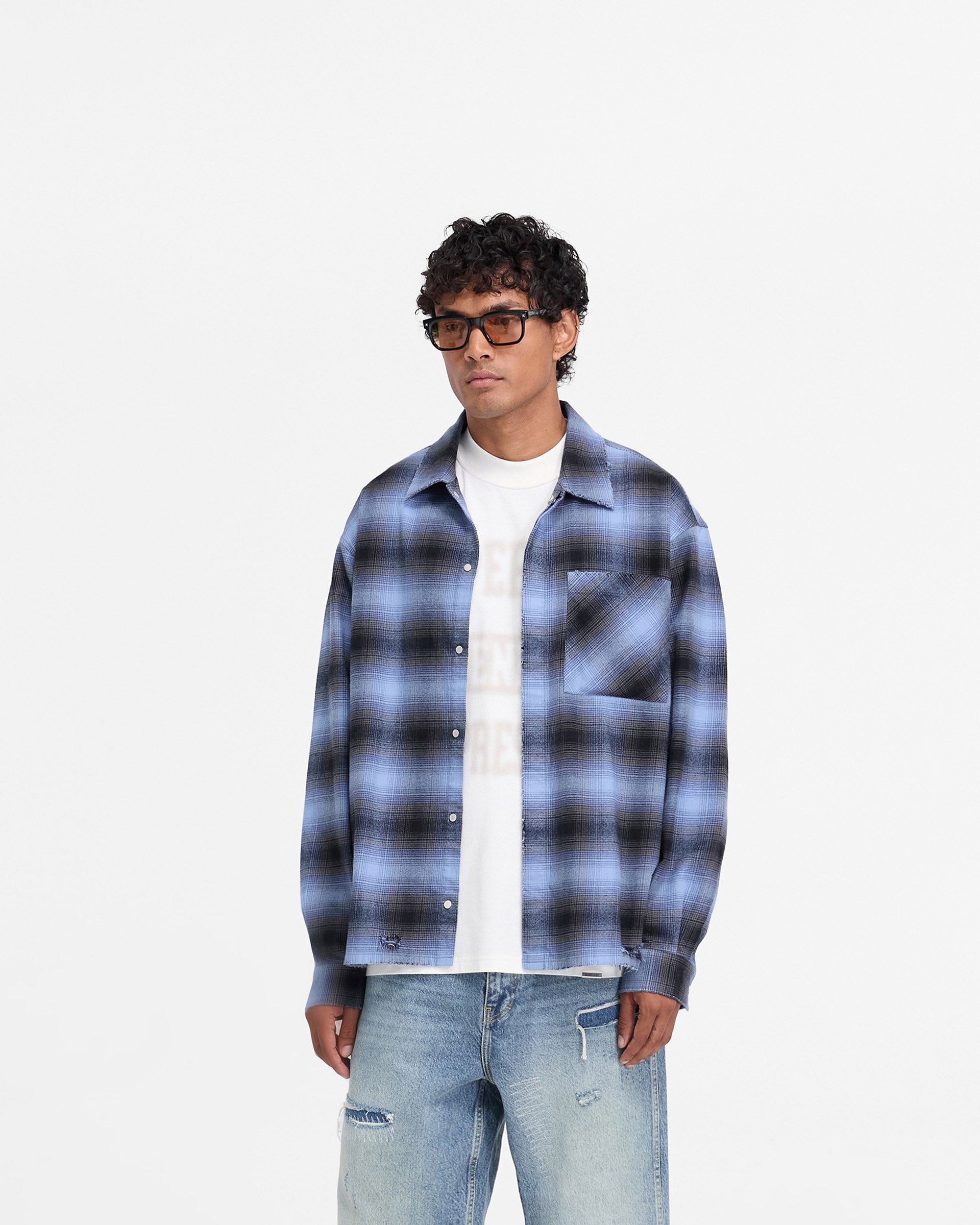 Distressed Flannel Shirt for Men - Represent X End Blue Plaid Long Sleeve Shirt - Casual Streetwear for Fall & Winter Outfits