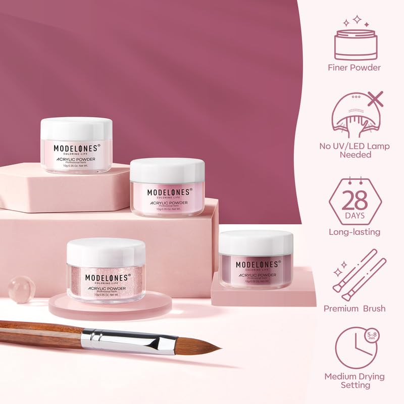 Modelones 14pcs Acrylic Nail Kit with Pink Acrylic Powder, Liquid Monomer, Nail Brush, Gel Glue & Top Coat - Professional Nail Extension Starter Set for Beginners | DIY Salon Manicure at Home, Party & Wedding Nail Art
