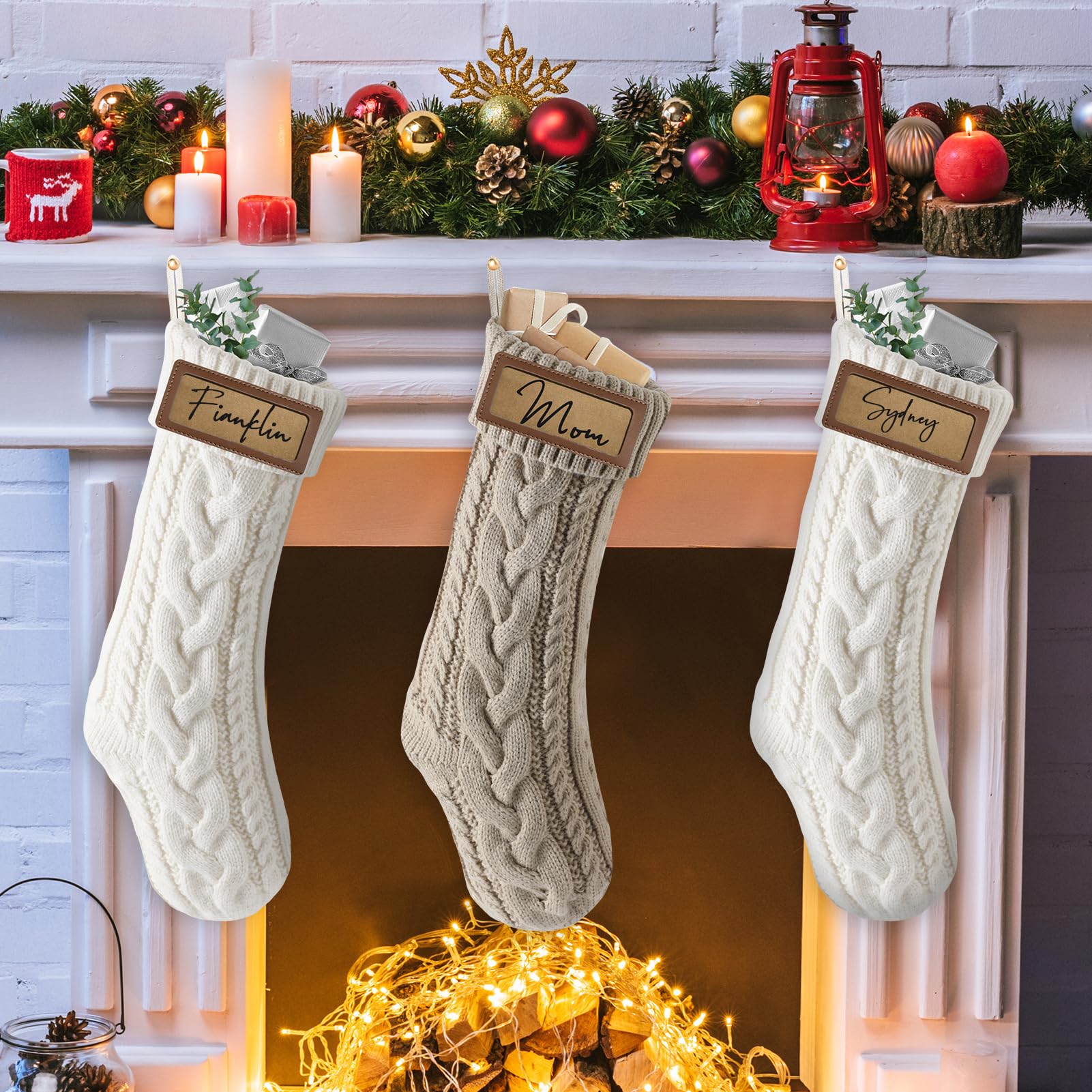 4 Pack Personalized Christmas Stockings with Leather Patches - Custom Name Family Xmas Stockings, 18.5