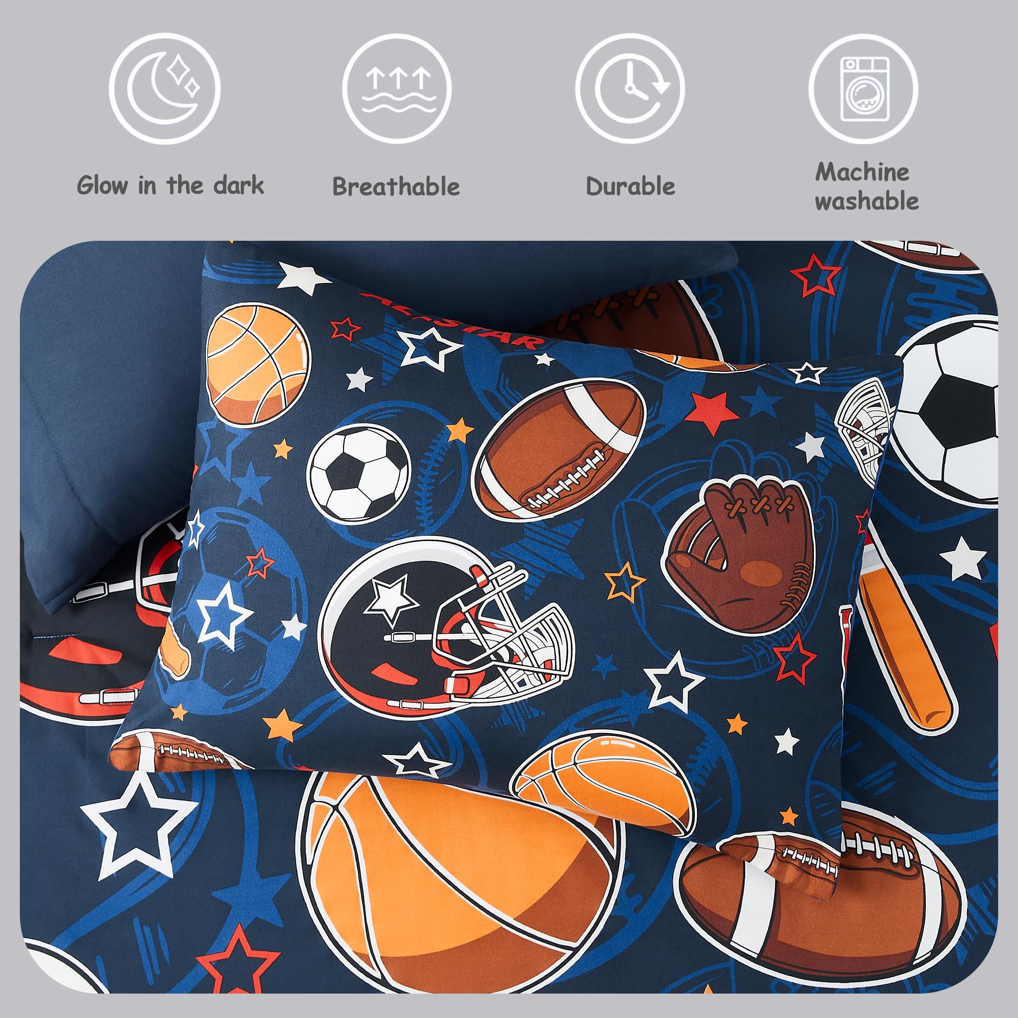 5-Piece Twin Kids Comforter Set for Boys & Girls - Glow in The Dark Sports Ball Design, Includes Sheets & Bedding - Perfect for Teen Bedrooms, Sleepovers & Game Room Decor