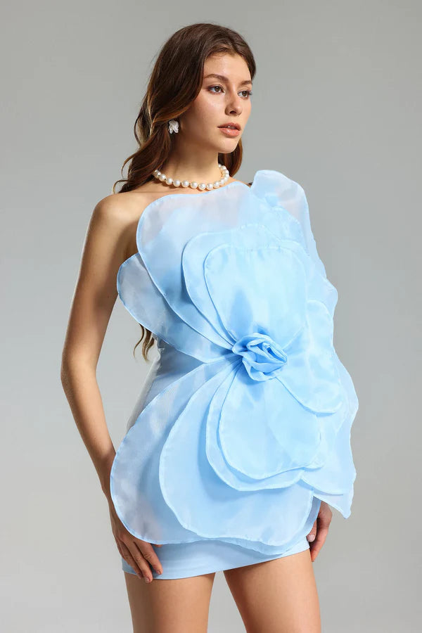 3D Voluminous Organza Floral Mini Dress in Blue - Elegant Party Wear for Weddings, Prom & Special Occasions