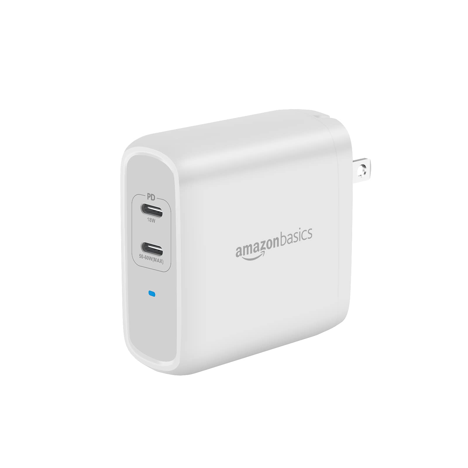 Amazon Basics 68W GaN Fast Charger - Dual USB-C Port (50W + 18W) PD Wall Charger for MacBook Pro, iPhone 15/14/13, iPad, Samsung Galaxy - Compact Travel Charger for Home, Office & Airports - White