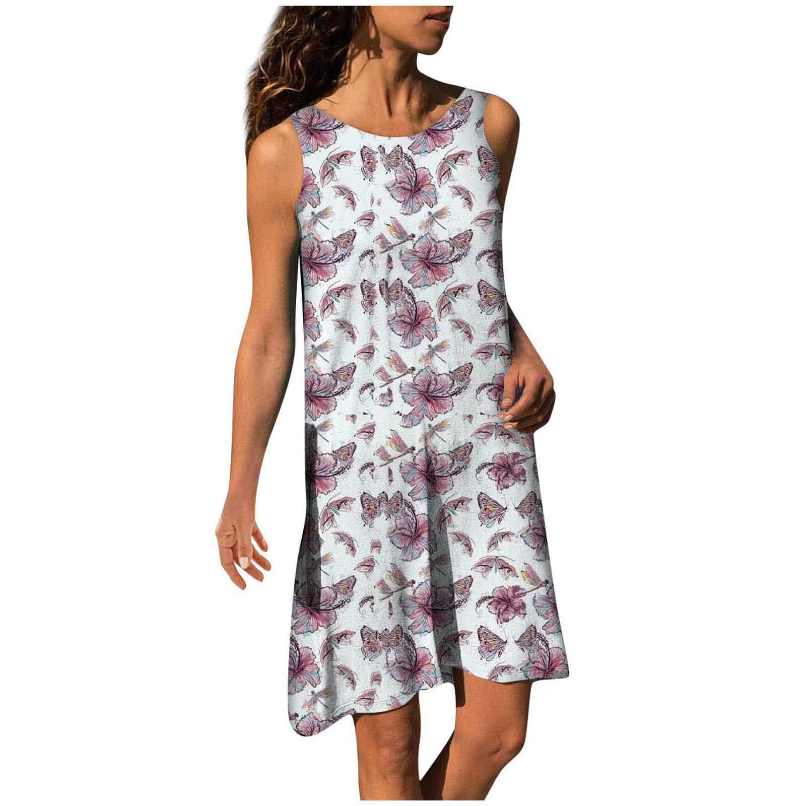 Ruched Side Print O-Neck Summer Sleeveless Dress for Women - Flowy Long Maxi Dress with Folk Custom Design, Perfect for Beach Vacation, Date Night and Casual Outings